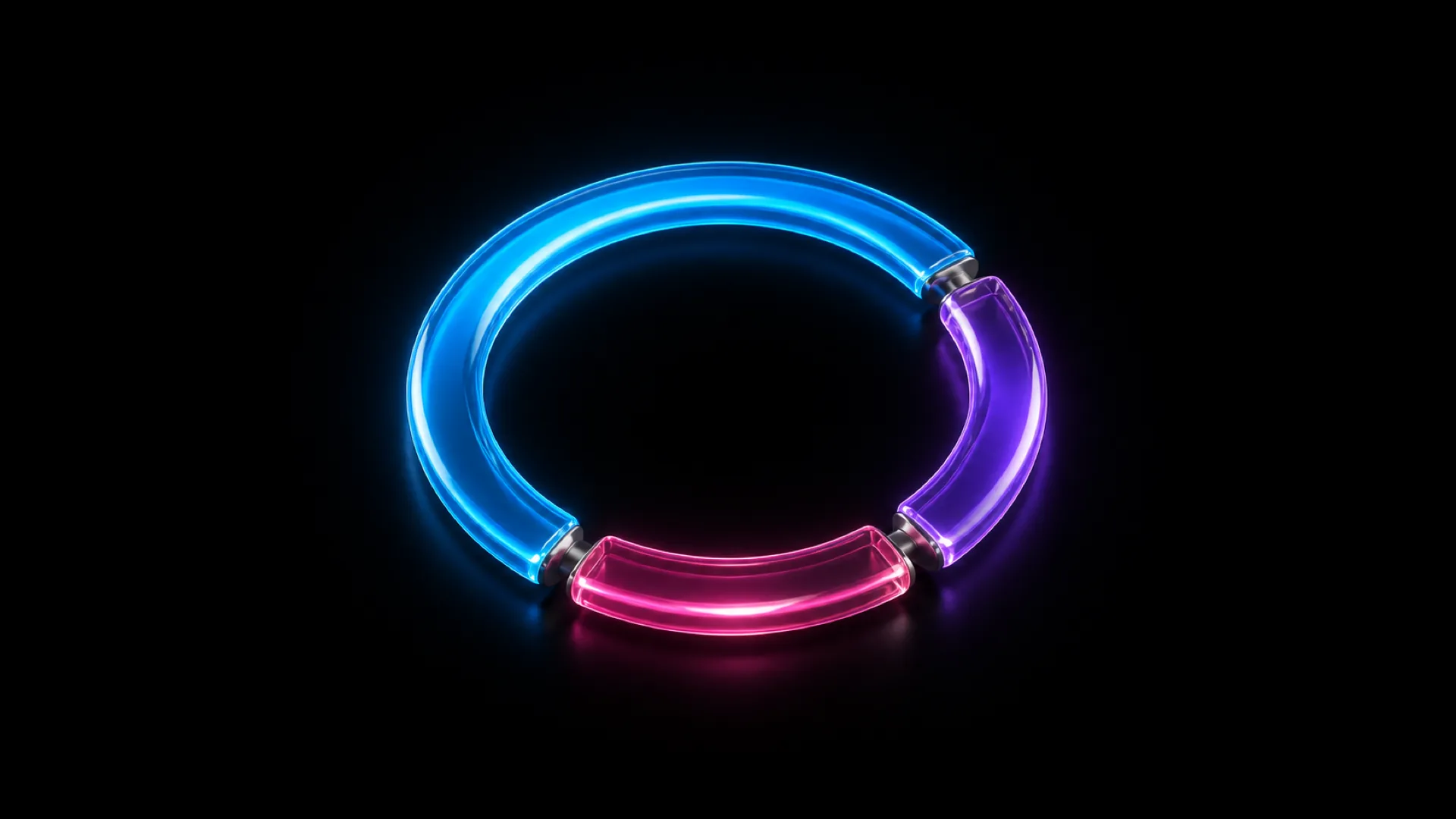 A circular ring of three glass arcs in blue, purple, and magenta meets at metallic joints, forming a broken loop.