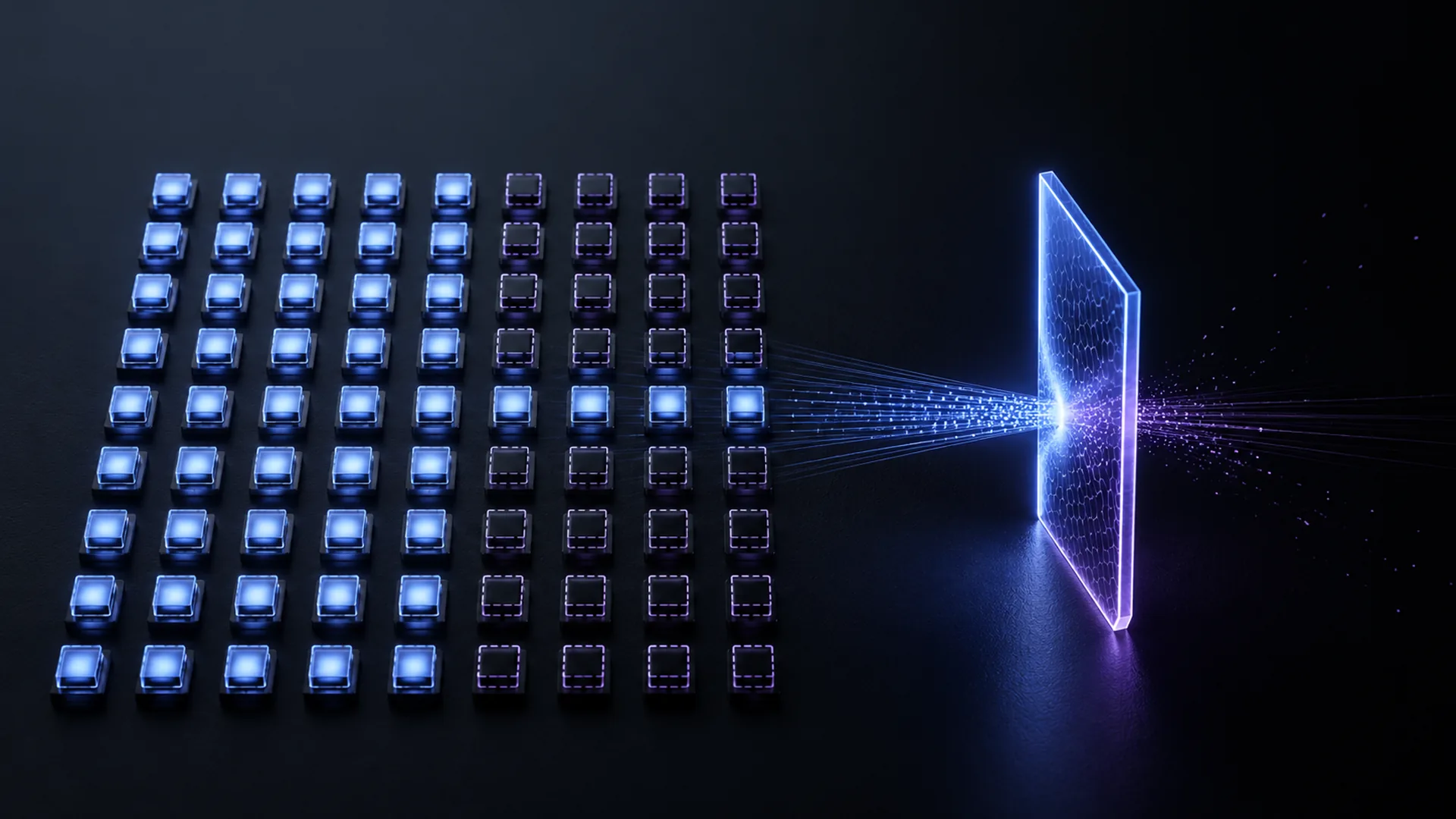 Blue rays converge from a nine by nine grid of tiles, most lit and some dark with dashed outlines, onto an upright glowing panel.