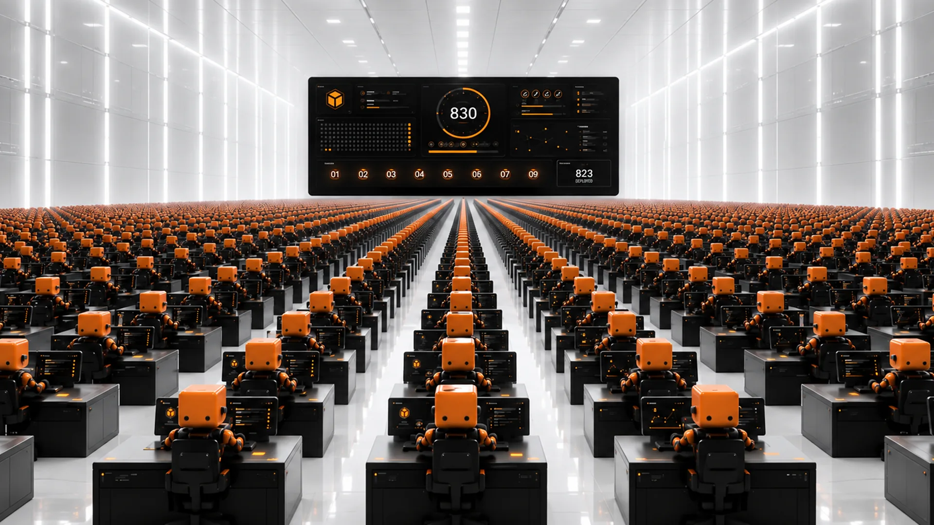 A white hall of identical orange and black robots seated in long rows at black desks, under a suspended dark dashboard whose orange ring gauge reads 830.