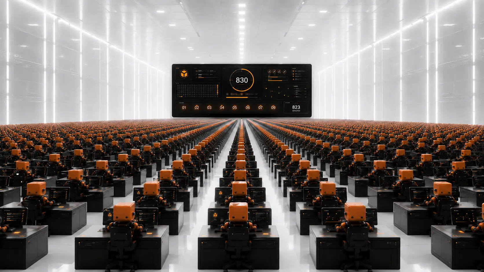 A vast white hall filled with rows of identical orange robots at terminals, stretching to the horizon under a single dark control dashboard