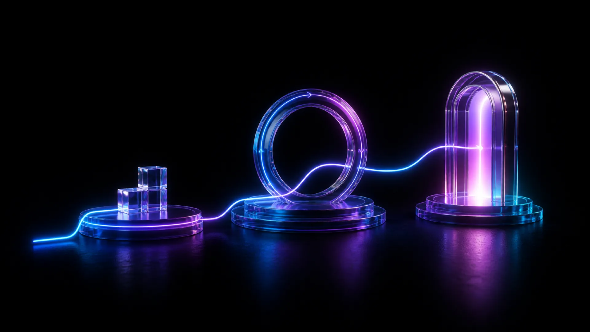 Three glass pedestals hold clear cubes, a glowing purple ring, and a glowing arch, linked by a winding light path.