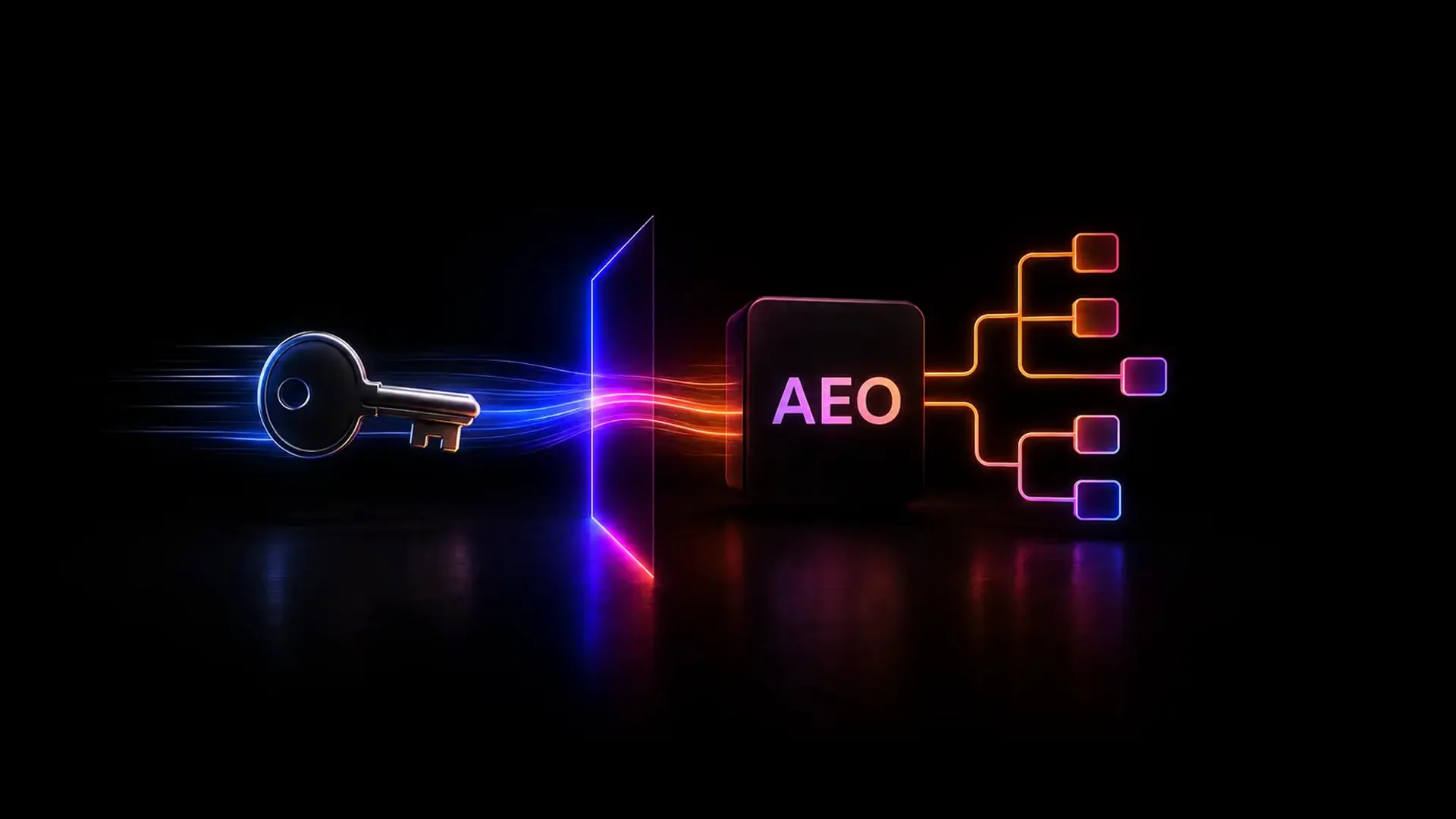 A chrome key on the left trails blue light through a glowing violet panel, where the beams turn orange and enter a dark tile lettered "AEO" that branches into five small squares.
