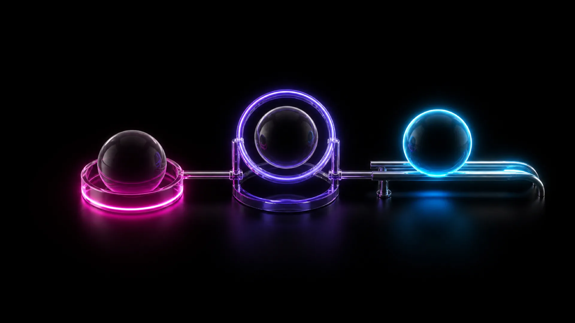 Three dark glass orbs rest on glowing pedestals in pink, purple, and blue, linked by a metallic rail on black.