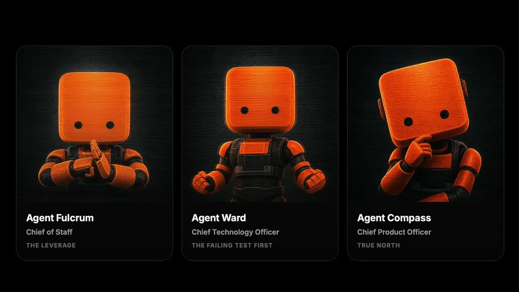 Three dark cards, each holding a boxy orange robot with black dot eyes, labeled "Agent Fulcrum, Chief of Staff, THE LEVERAGE", "Agent Ward, Chief Technology Officer, THE FAILING TEST FIRST", and "Agent Compass, Chief Product Officer, TRUE NORTH".