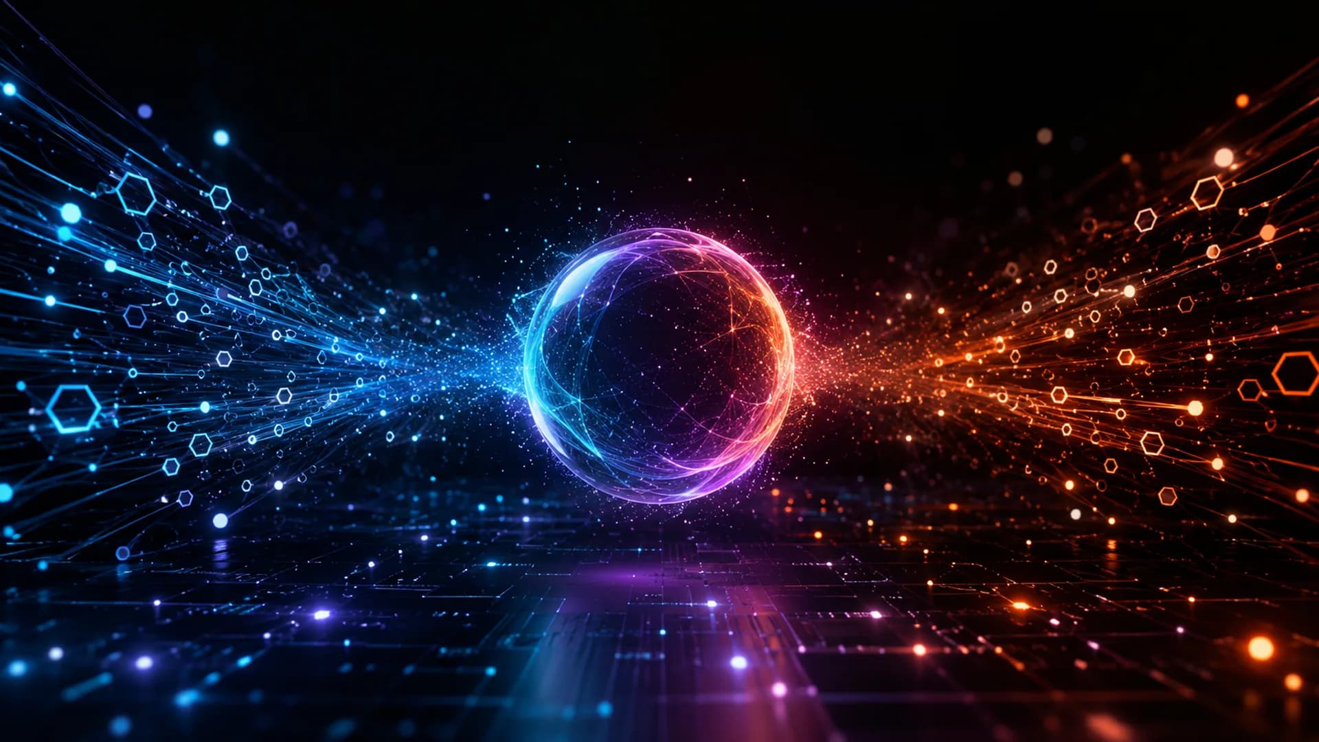 A translucent glowing sphere sits at the center where converging blue light streams and hexagon outlines from the left meet orange light streams and hexagons from the right, over a dark reflective grid.
