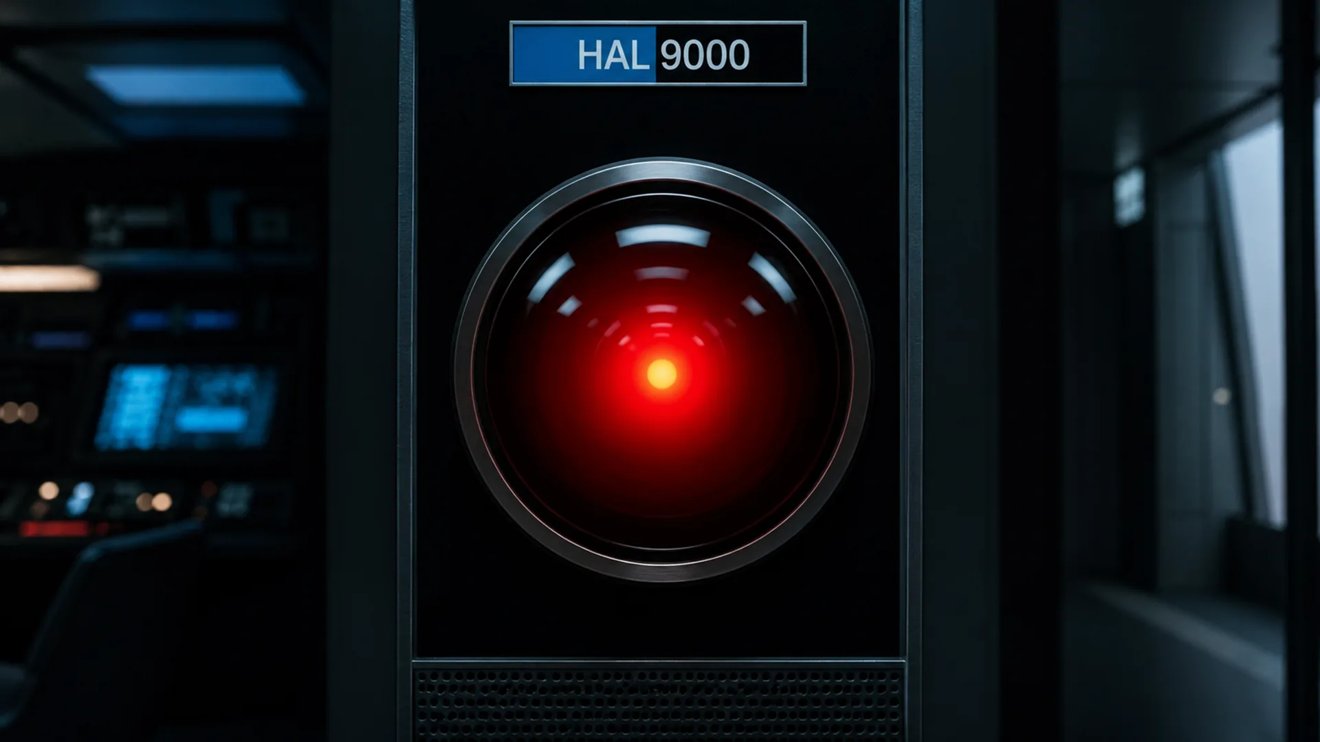 A glowing red camera lens set in a black panel labeled HAL 9000, in a dim room with blue consoles.