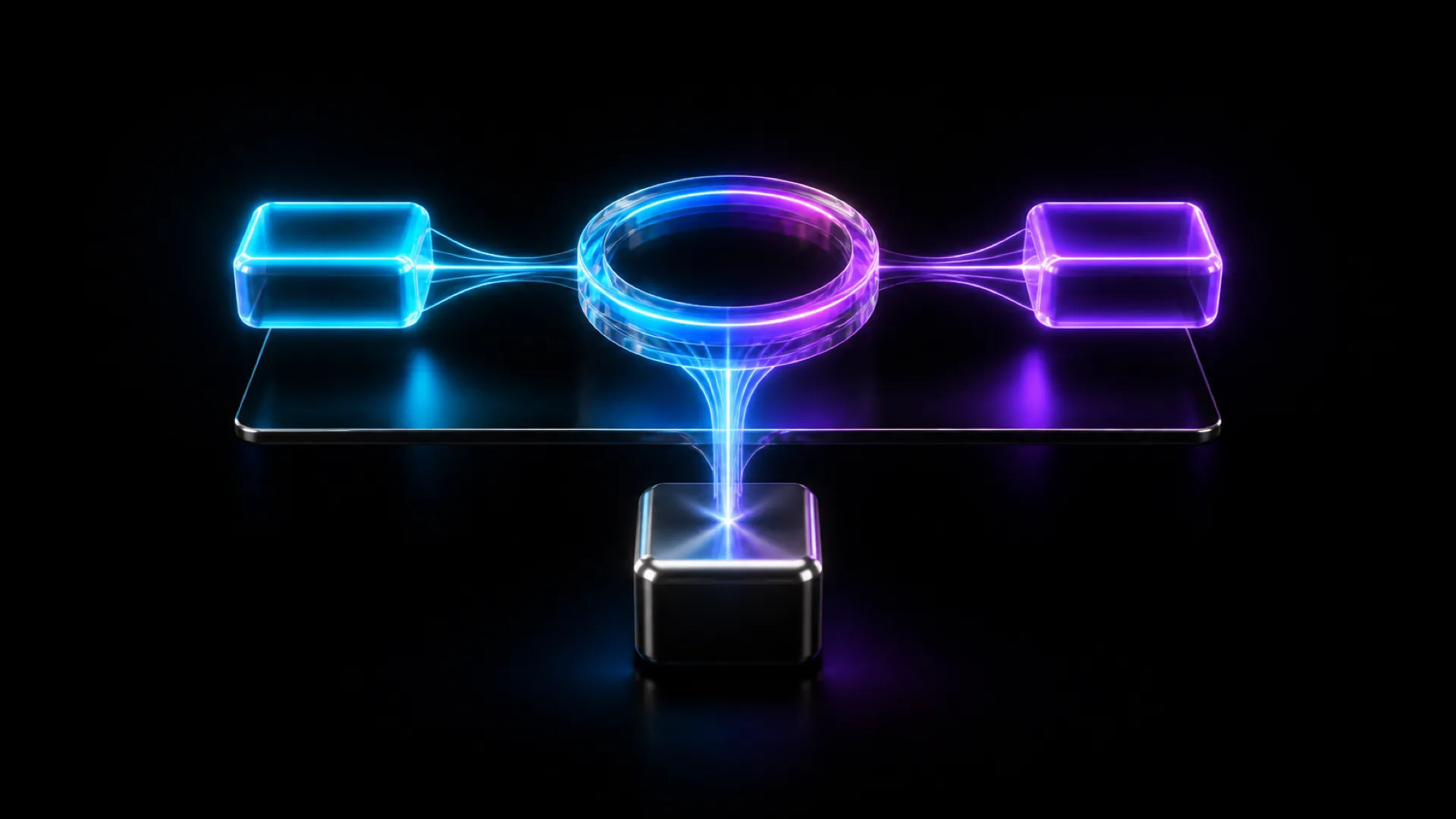 A glowing beam balances a blue cube and a purple cube beside a central ring on a black base.