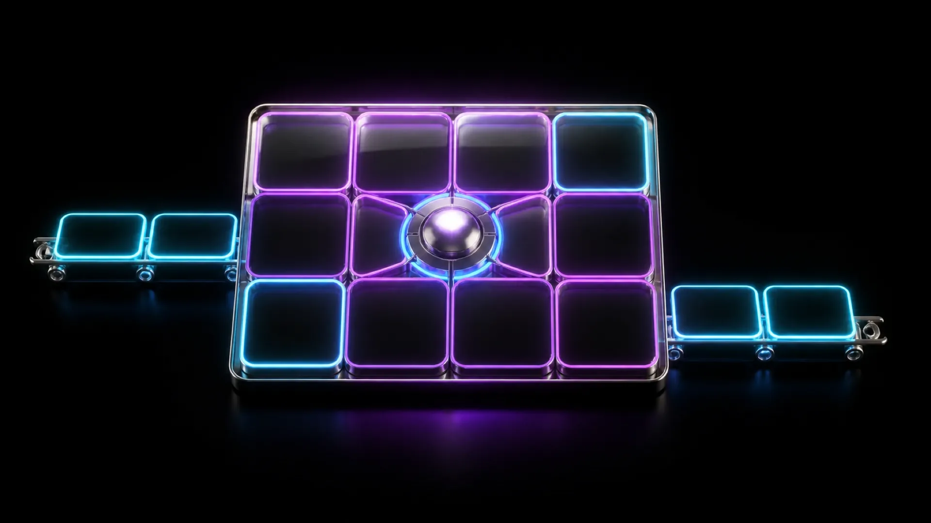 A twelve-square glass grid glows purple and blue around a central sphere, flanked by two rows of loose glass tiles.