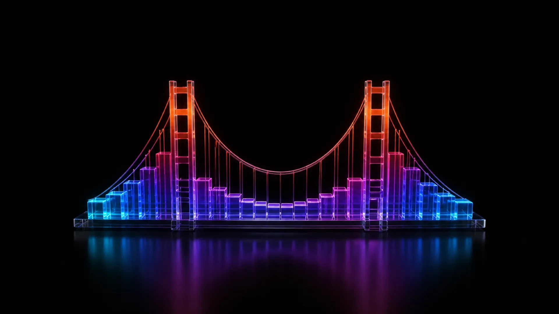 A glowing orange wireframe Golden Gate Bridge rises from a blue, purple and pink bar chart skyline, reflected below.