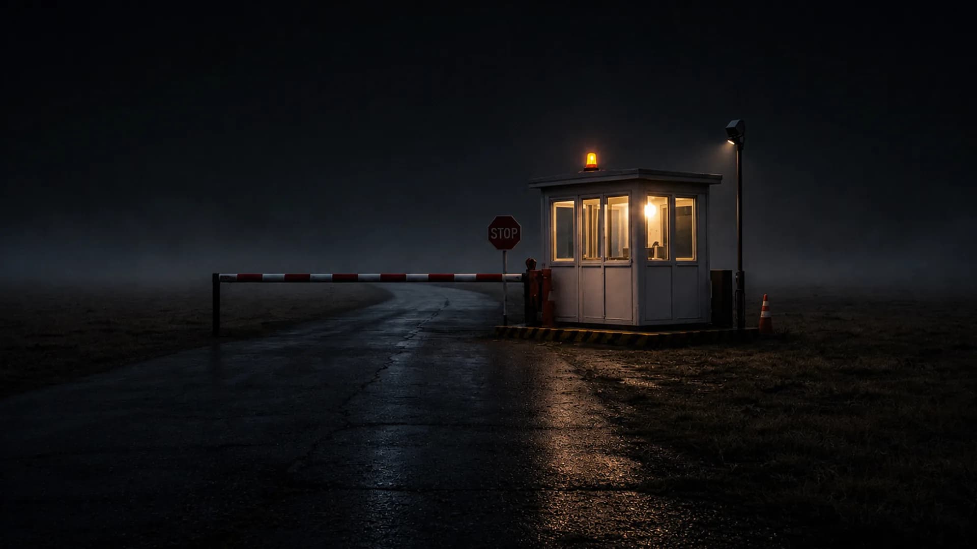 A lit security checkpoint booth at night with an amber beacon on its roof, a red and white striped barrier arm lowered across a wet road, and a red "STOP" sign in fog.