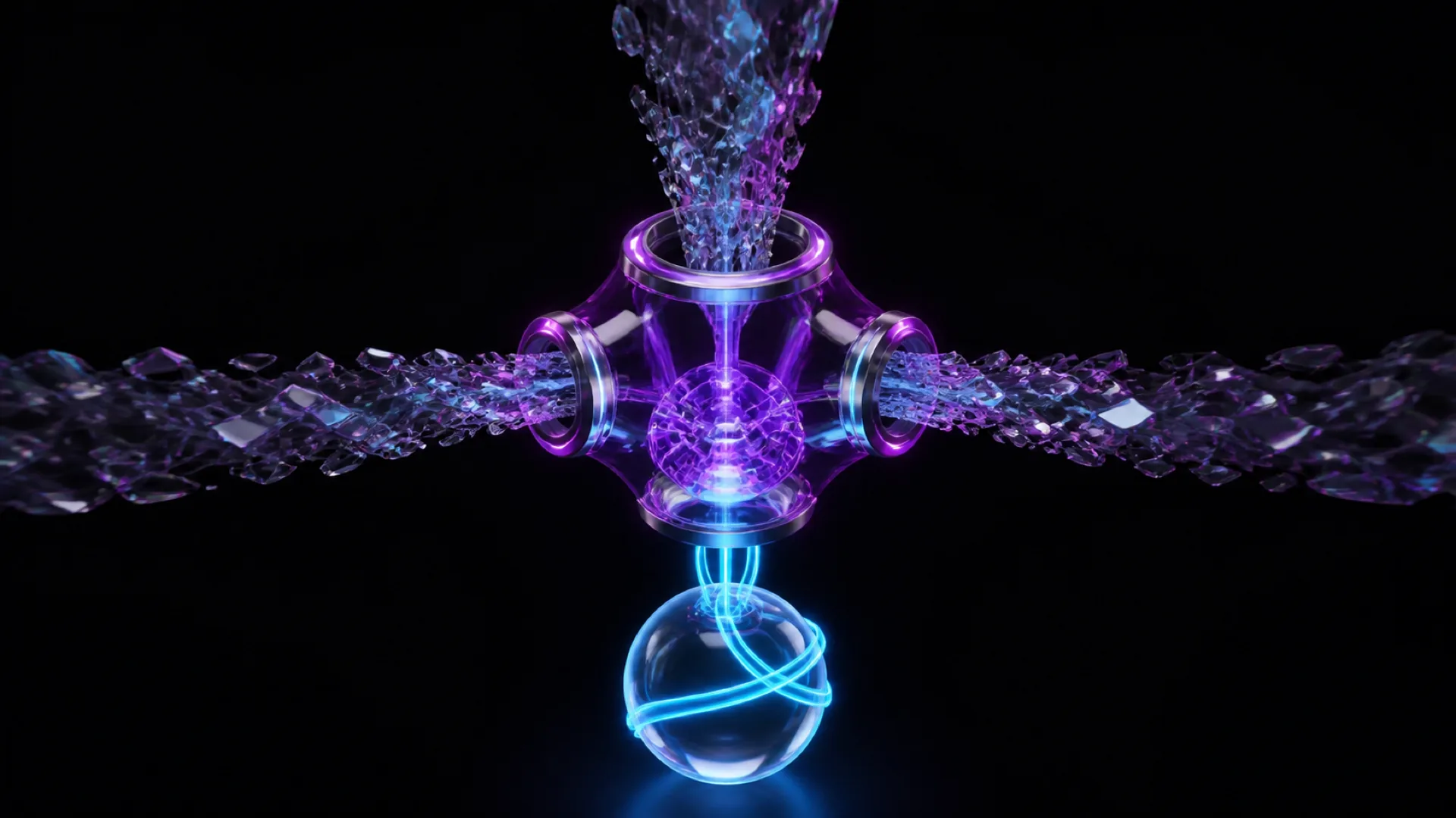 An abstract glowing purple device channels streams of sparkling crystal particles into a glass sphere wrapped in blue light.
