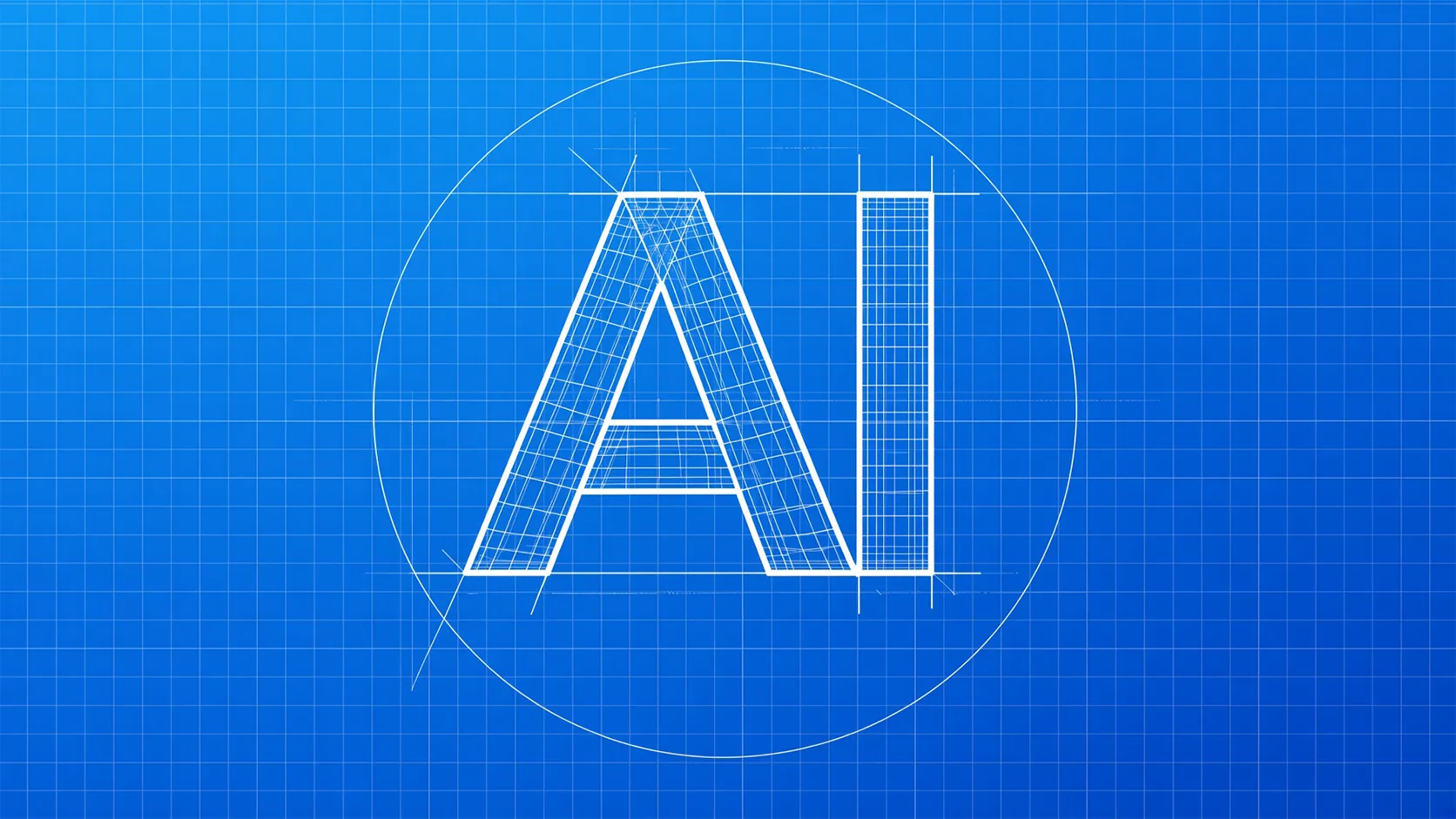White outlined letters "AI" drawn as a technical blueprint, with construction lines, a large circle guide and fine grid squares filling a bright blue background.