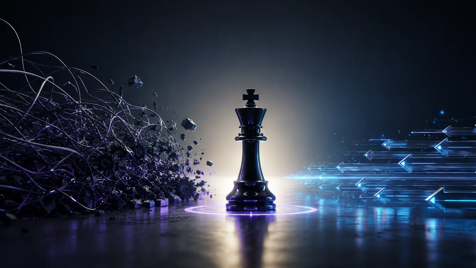 A glossy black chess king stands on a reflective floor inside a glowing violet ring, tangled purple cables and shattered debris heaped to the left, rows of blue arrows streaming right.