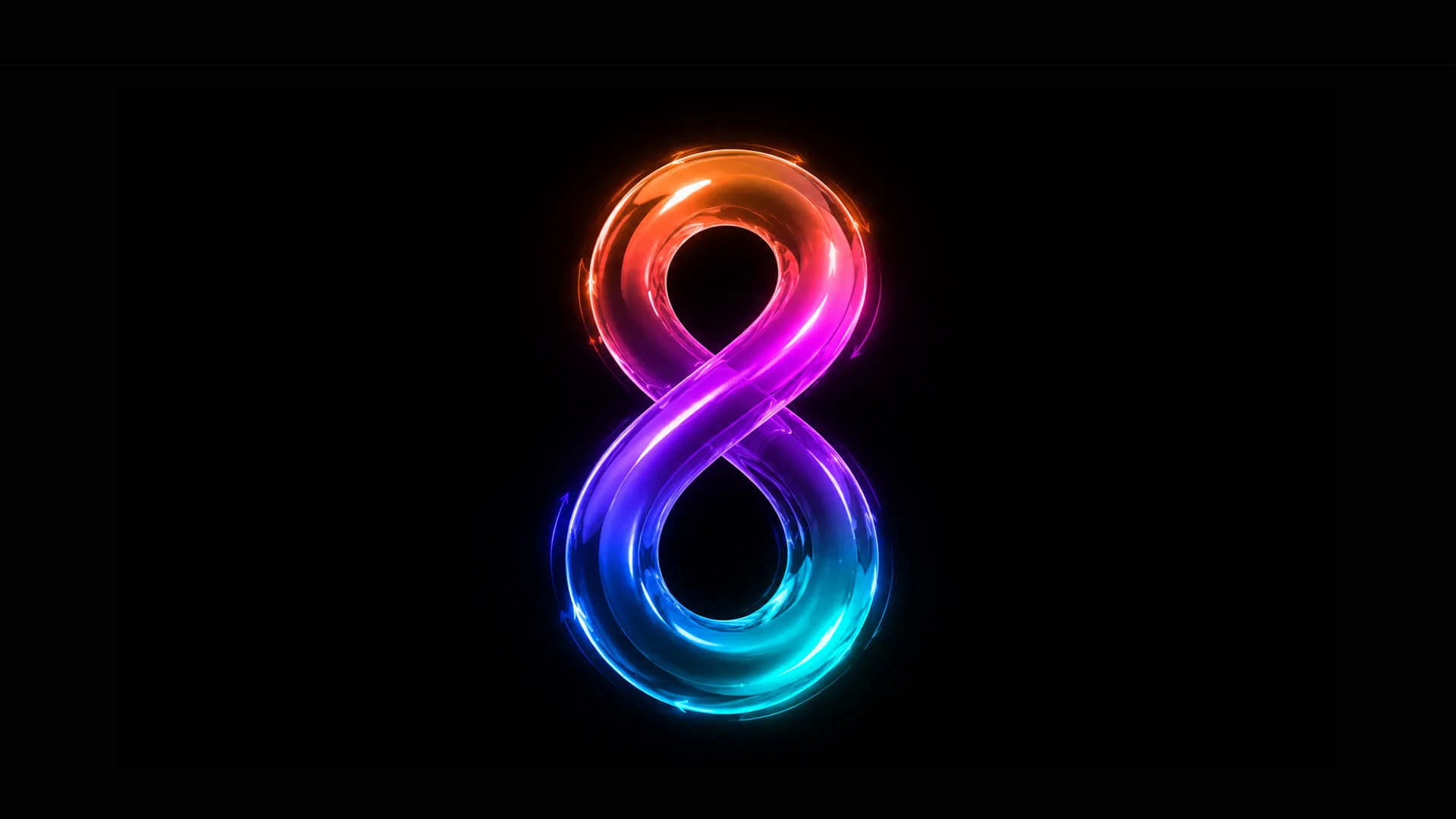 Glowing figure eight ribbon centered on a black background, its looping tube shifting from orange at the top through pink and violet to blue and cyan at the bottom.