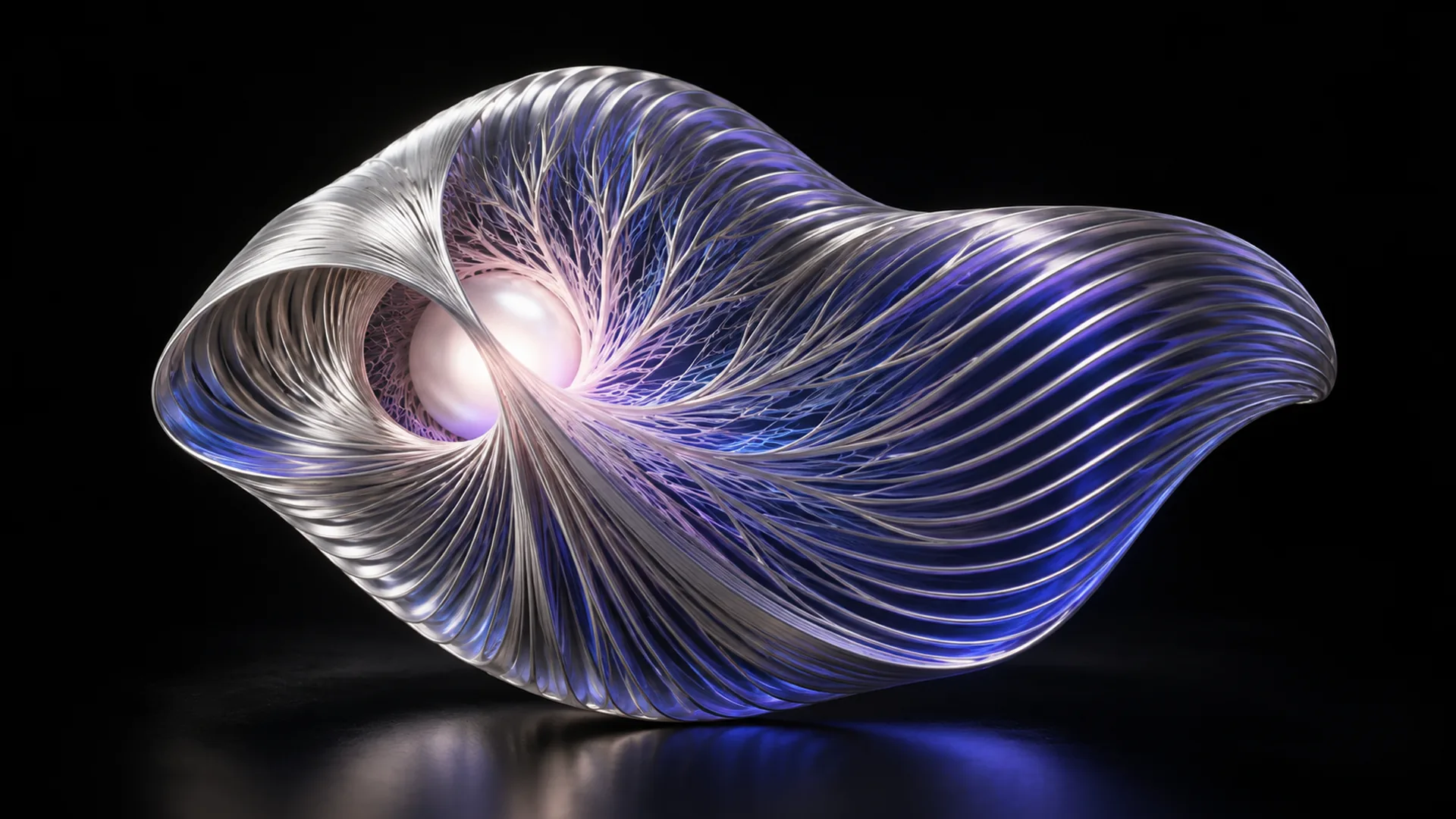 Translucent spiral shell of silver and violet filaments curling around a glowing pearlescent sphere on a black background.