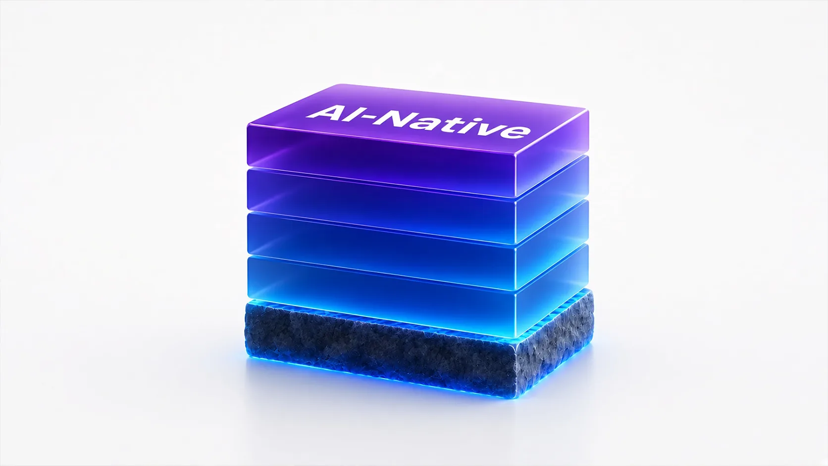A stack of glossy translucent slabs on a white background, the top one purple and lettered "AI-Native", the middle ones glowing blue, the bottom a dark rough textured block.