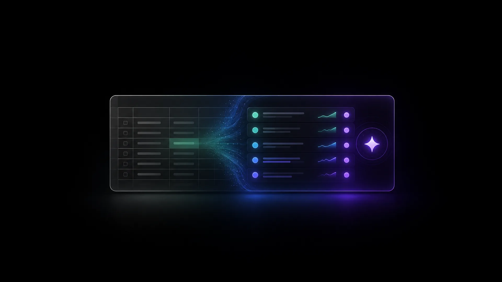 A dark dashboard panel shows a checklist table flowing into colored rows with sparkline charts and a sparkle icon.