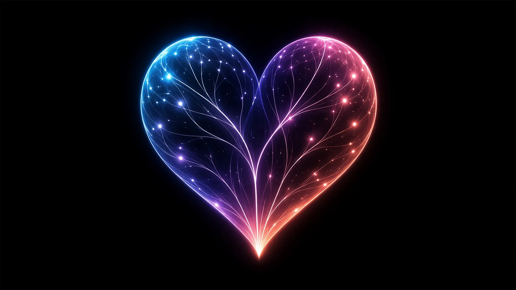 A large glowing heart outlined on a black background, its left half blue and its right half pink shading to orange, filled with branching filament lines and scattered points of light that converge at the bottom tip.