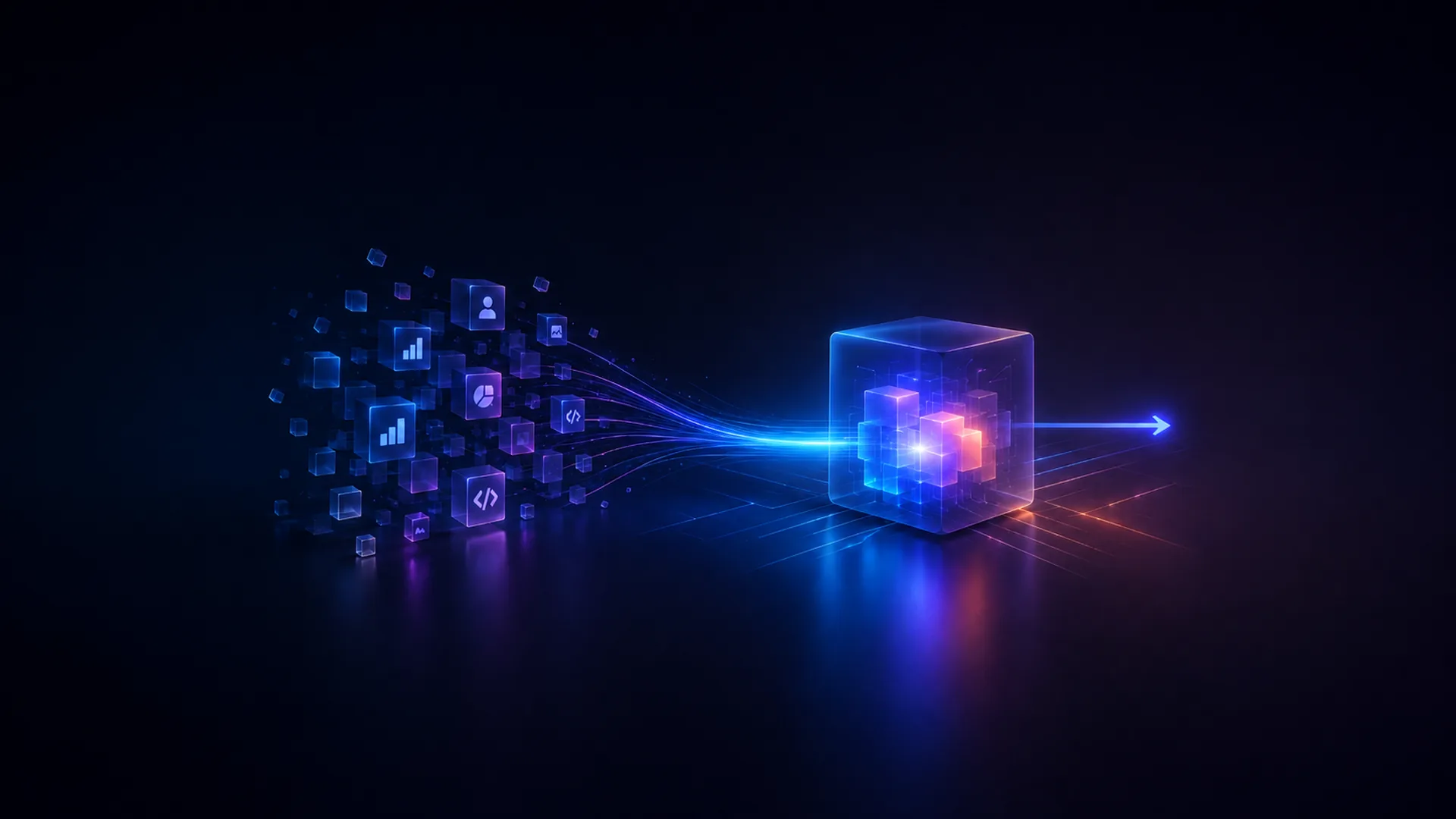 Scattered translucent cubes carrying bar chart, person, pie chart and code bracket icons on the left funnel glowing blue light streams into one large glass cube, which sends a single arrow out to the right.