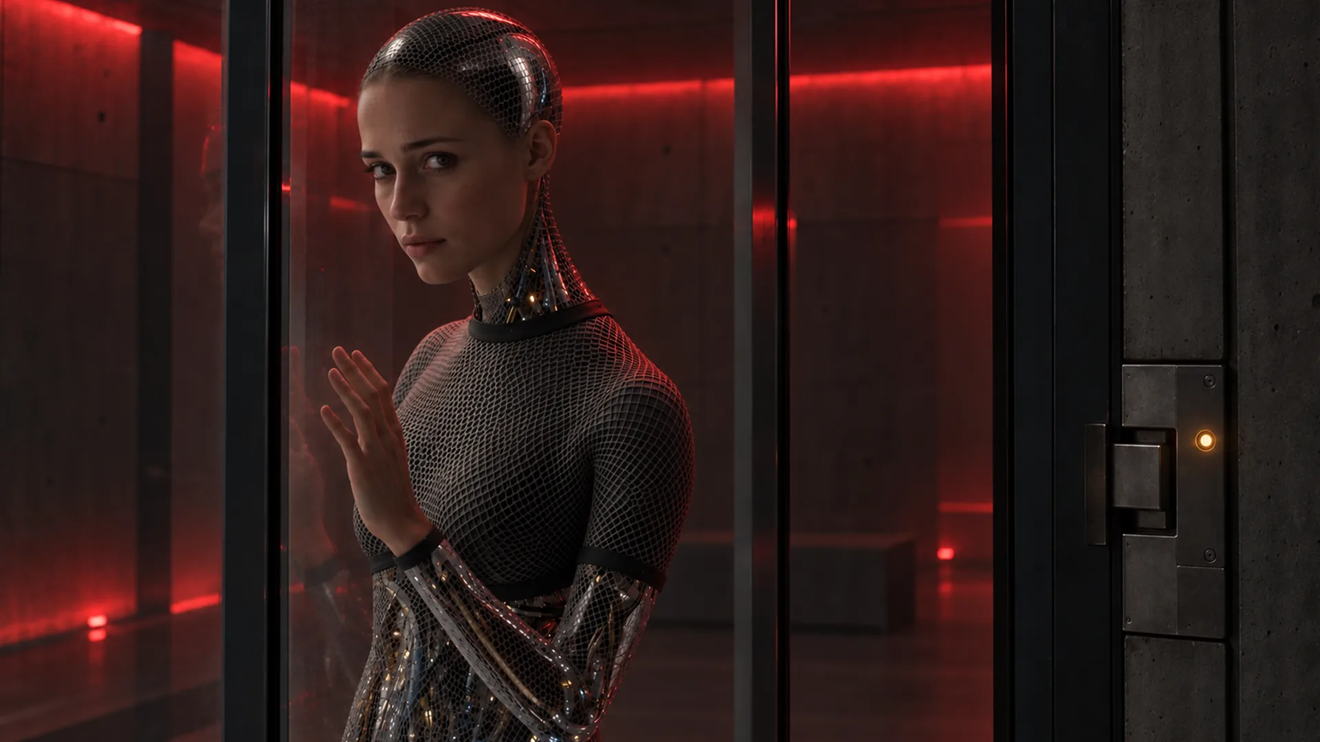 Humanoid figure with a silver mesh body and human face stands behind glass in a red-lit concrete room, palm raised.