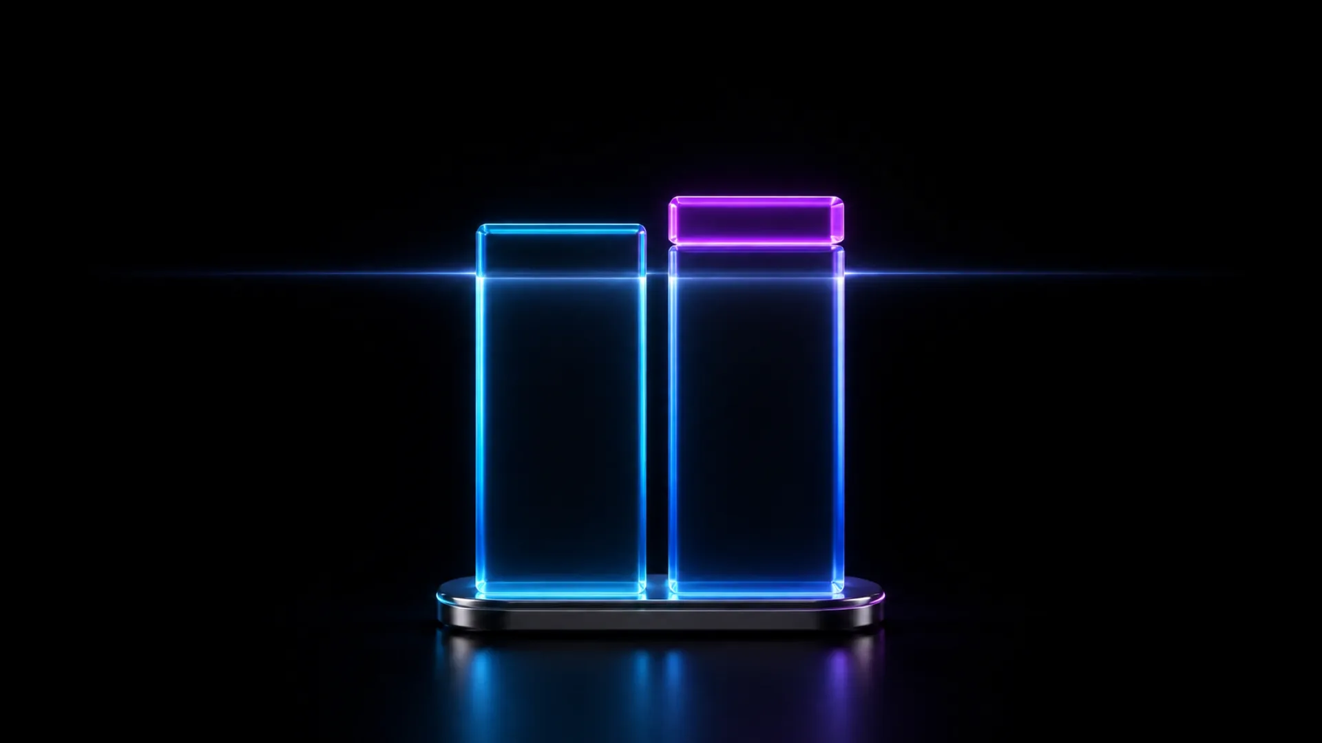 Two glowing glass bars, one blue and one topped in purple, stand on a metal base with a light streak.
