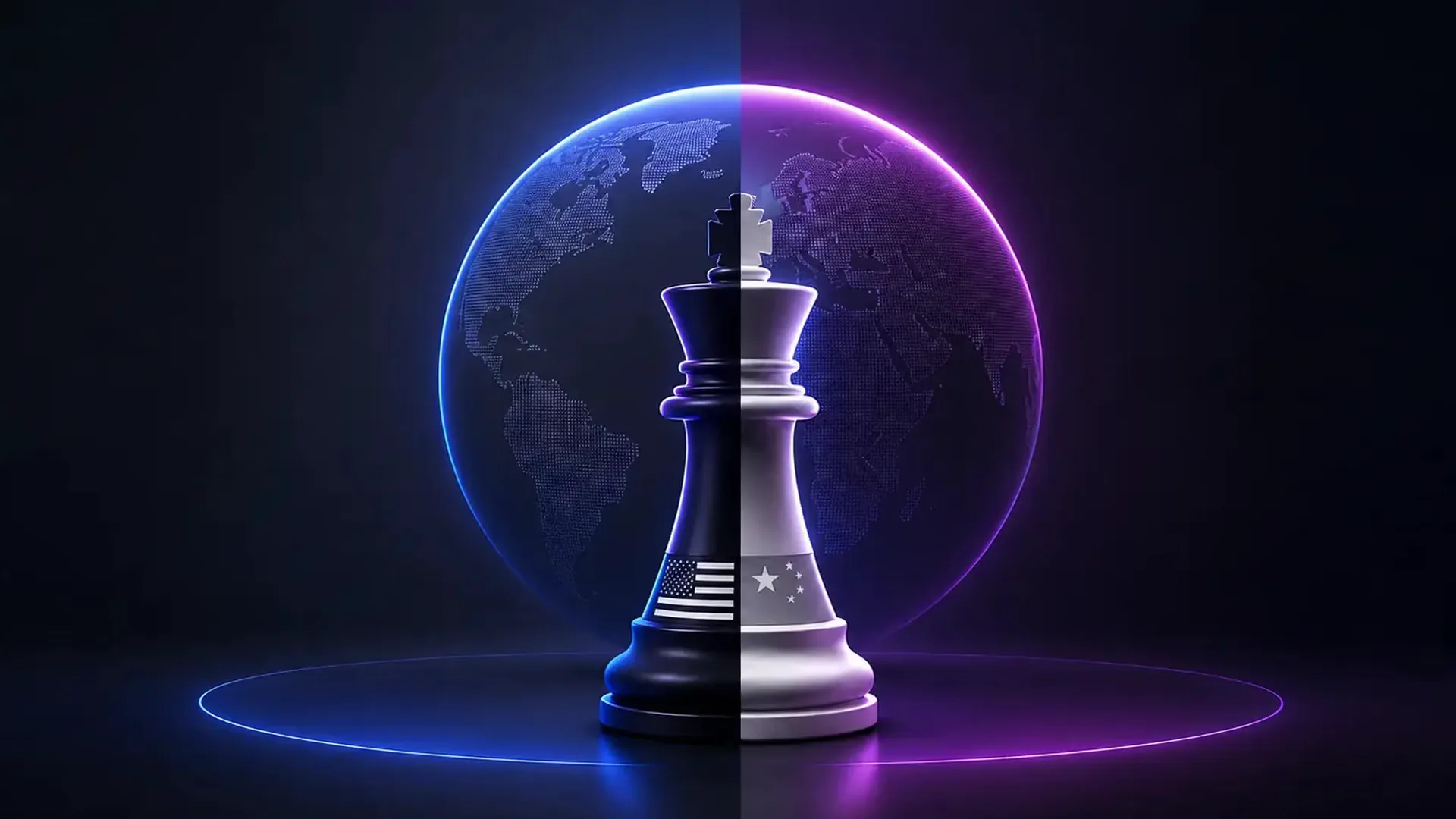 A single chess king stands against a glowing dotted globe, its left half black and banded with the United States flag, its right half white and banded with China's stars. Blue light washes the left, violet the right.