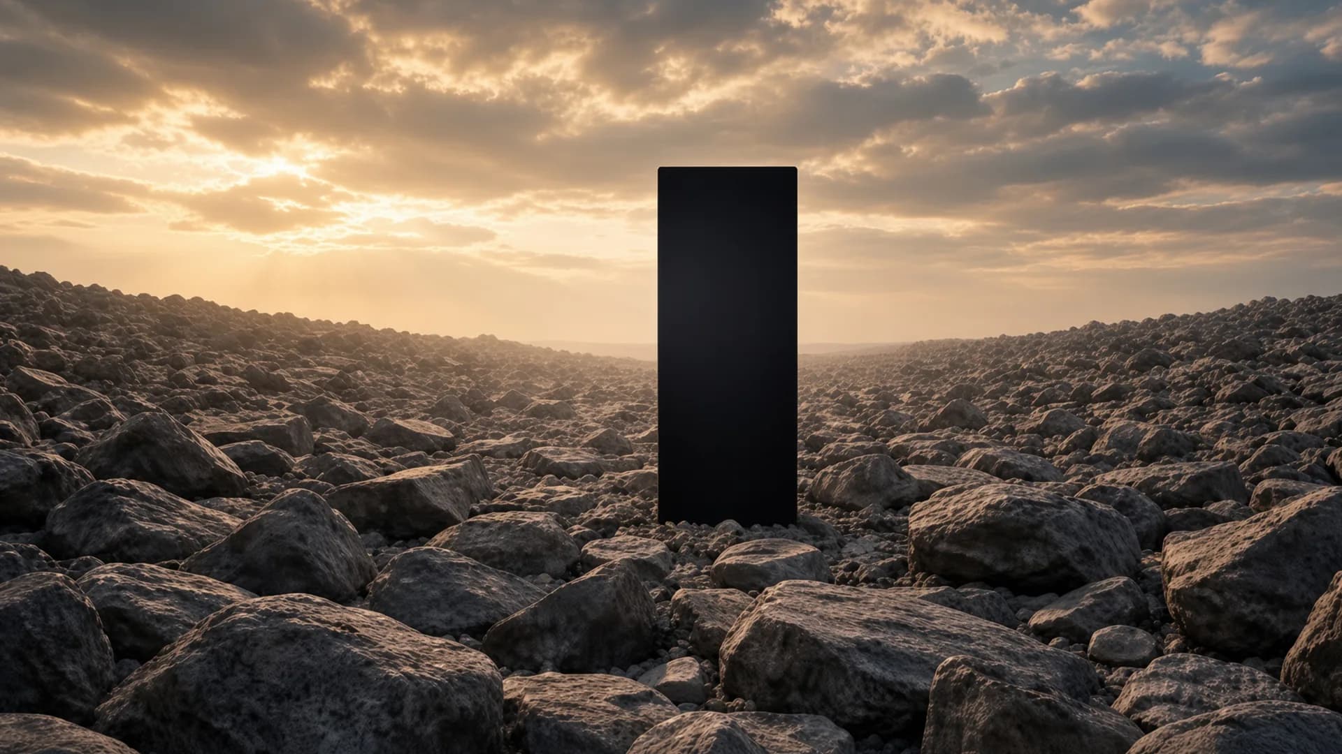 A tall black rectangular monolith stands upright in a field of pale grey boulders that runs to the horizon, under a cloudy sky lit gold by a low sun.