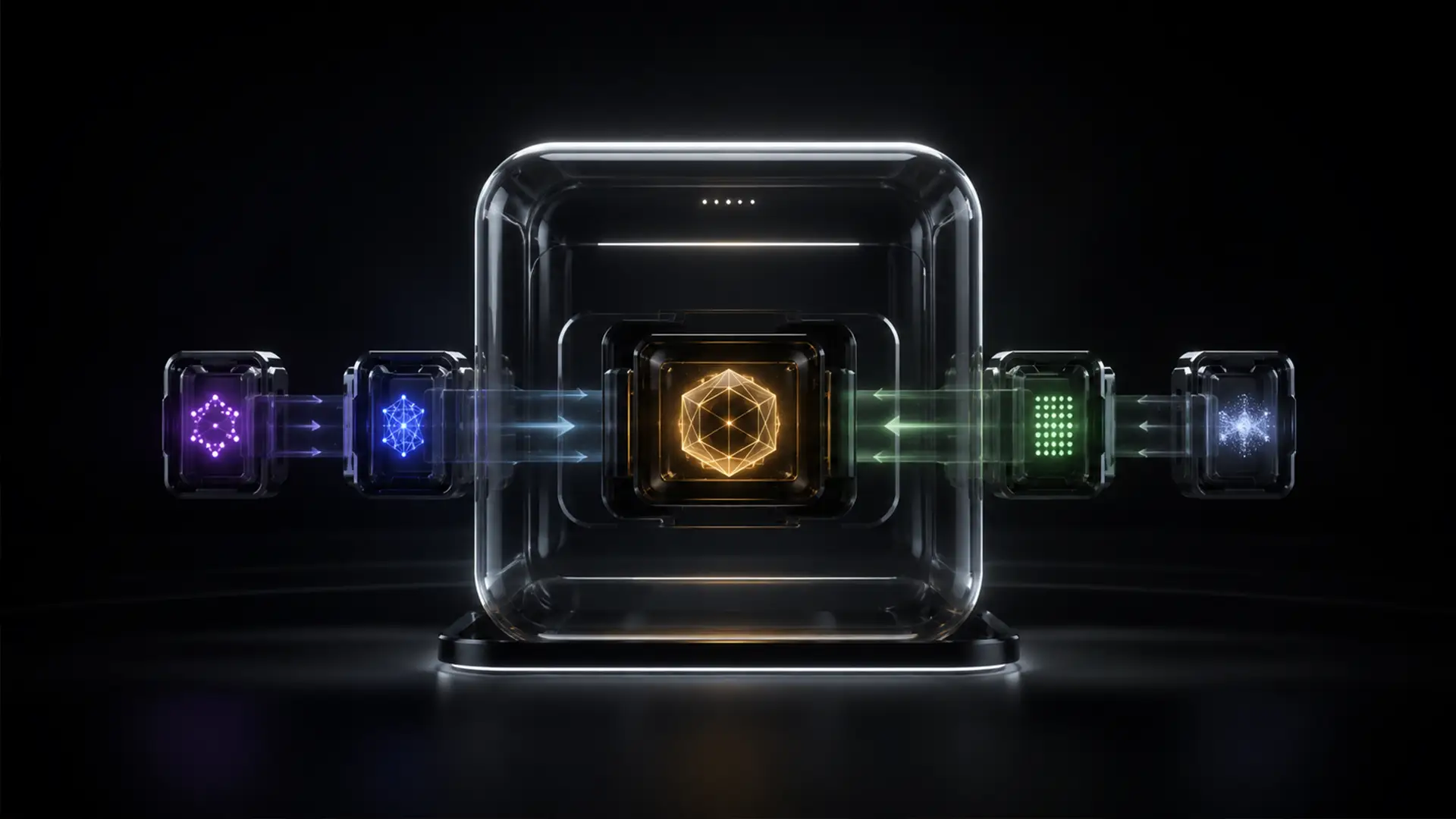A glass enclosure on a lit pedestal holding a glowing amber core, with four interchangeable model modules docking into it from either side along arrows of light