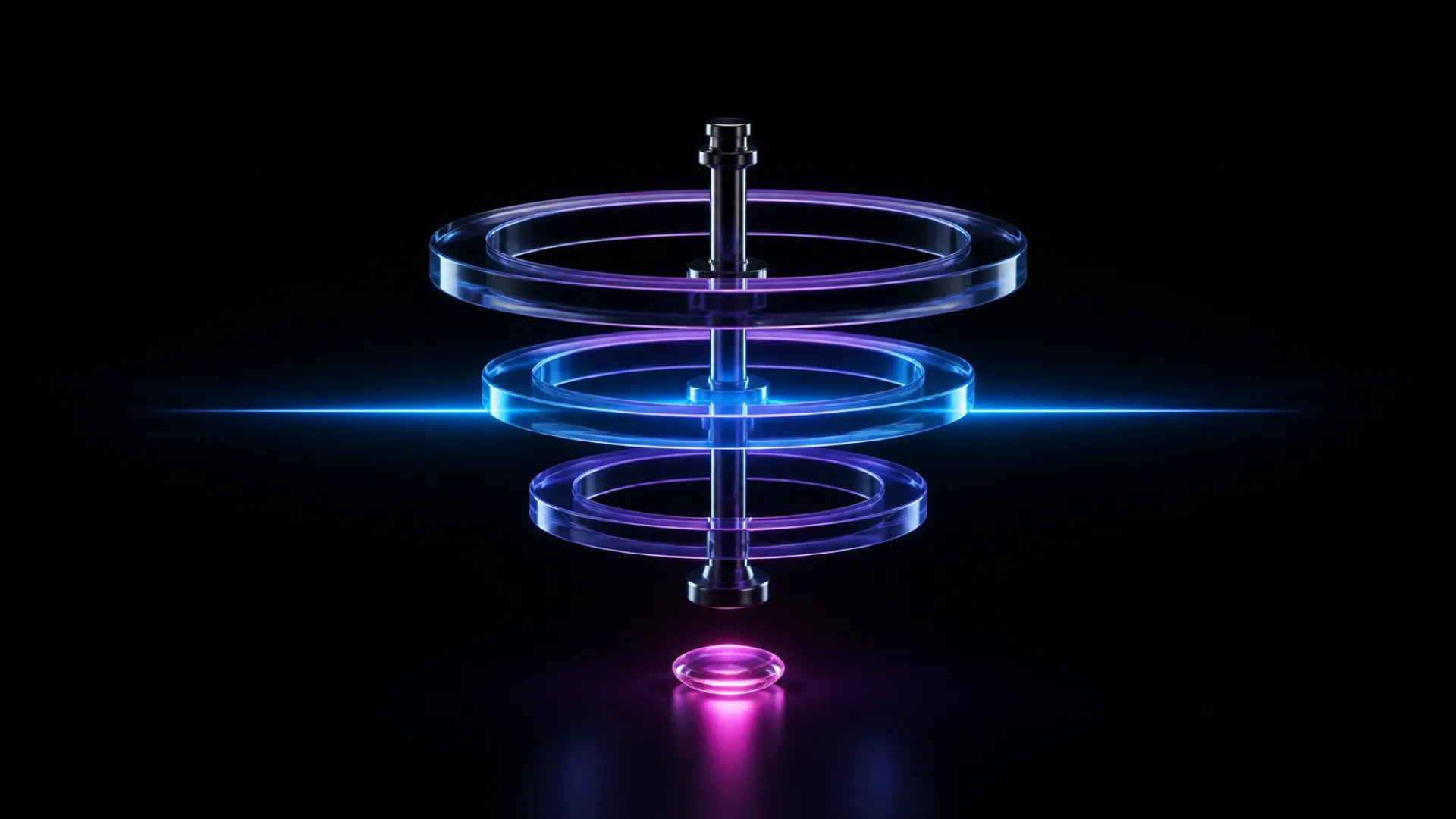 Three stacked glowing glass rings surround a central pole, with a small pink ring glowing separately below them.