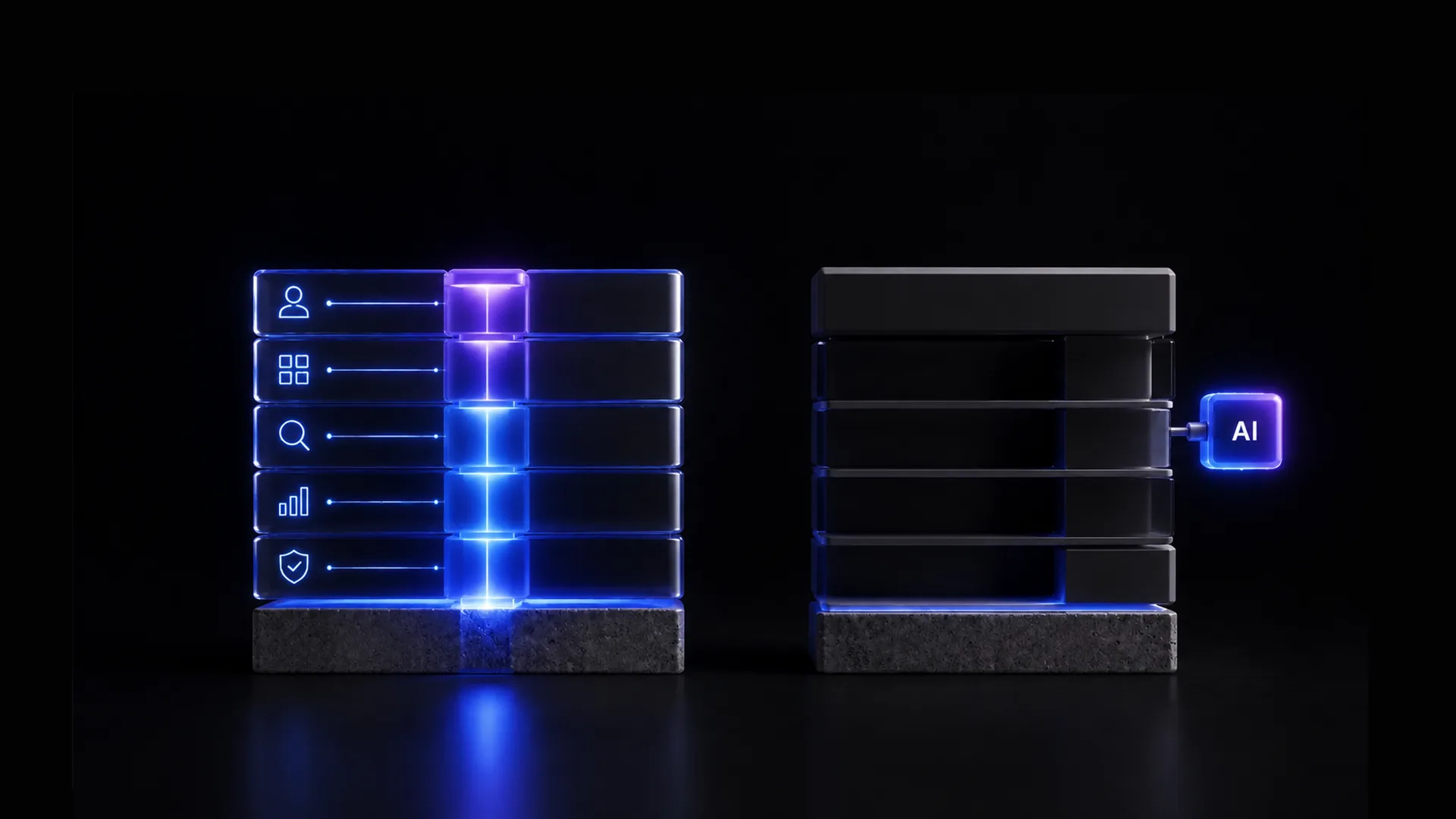 Two stacks of glass slabs on stone bases in the dark, the left glowing blue with person, grid, search, chart and shield icons, the right unlit with a glowing "AI" chip plugged into its side.