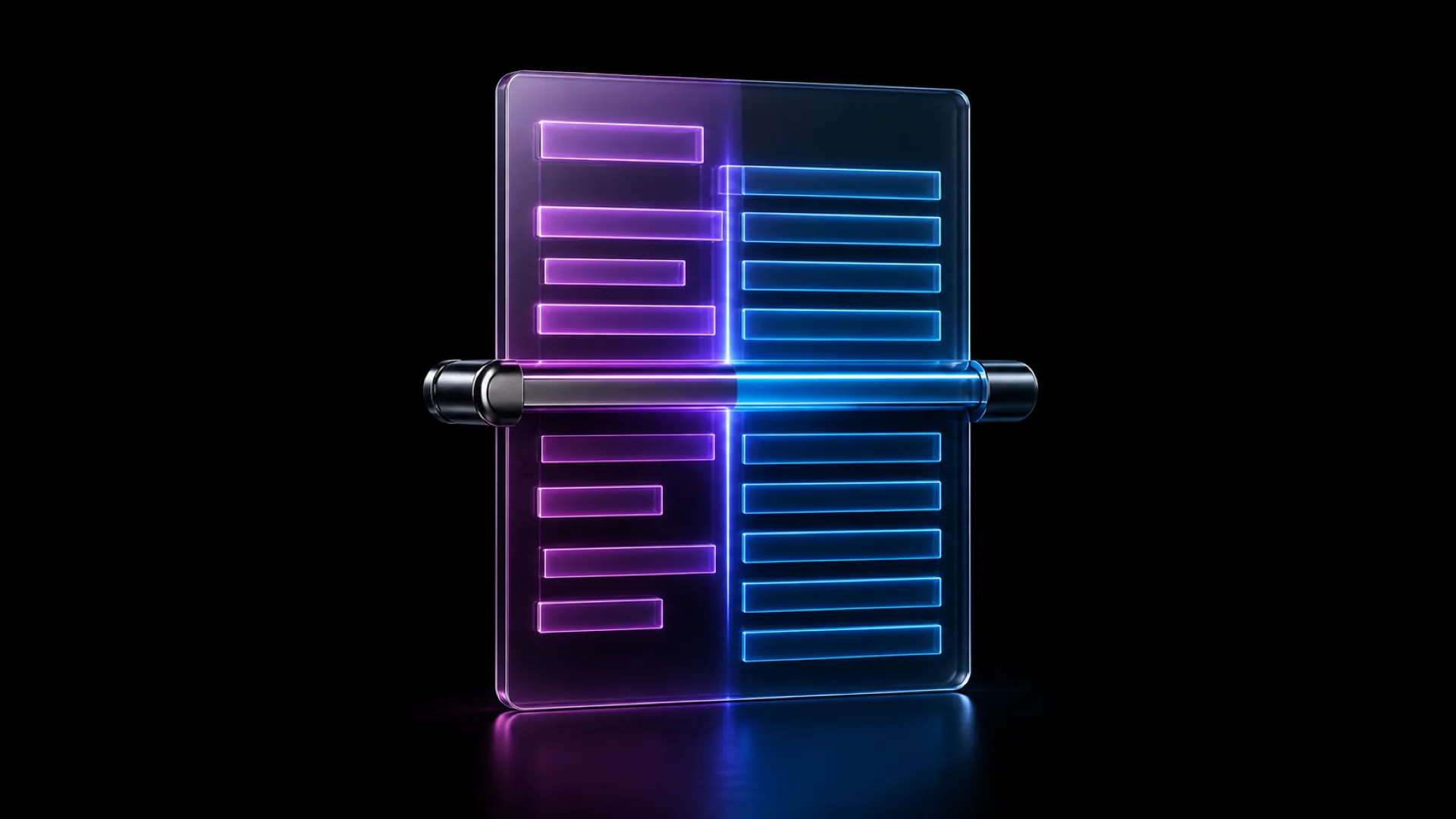 A glass panel split by a chrome bar shows short magenta bars opposite longer blue bars.
