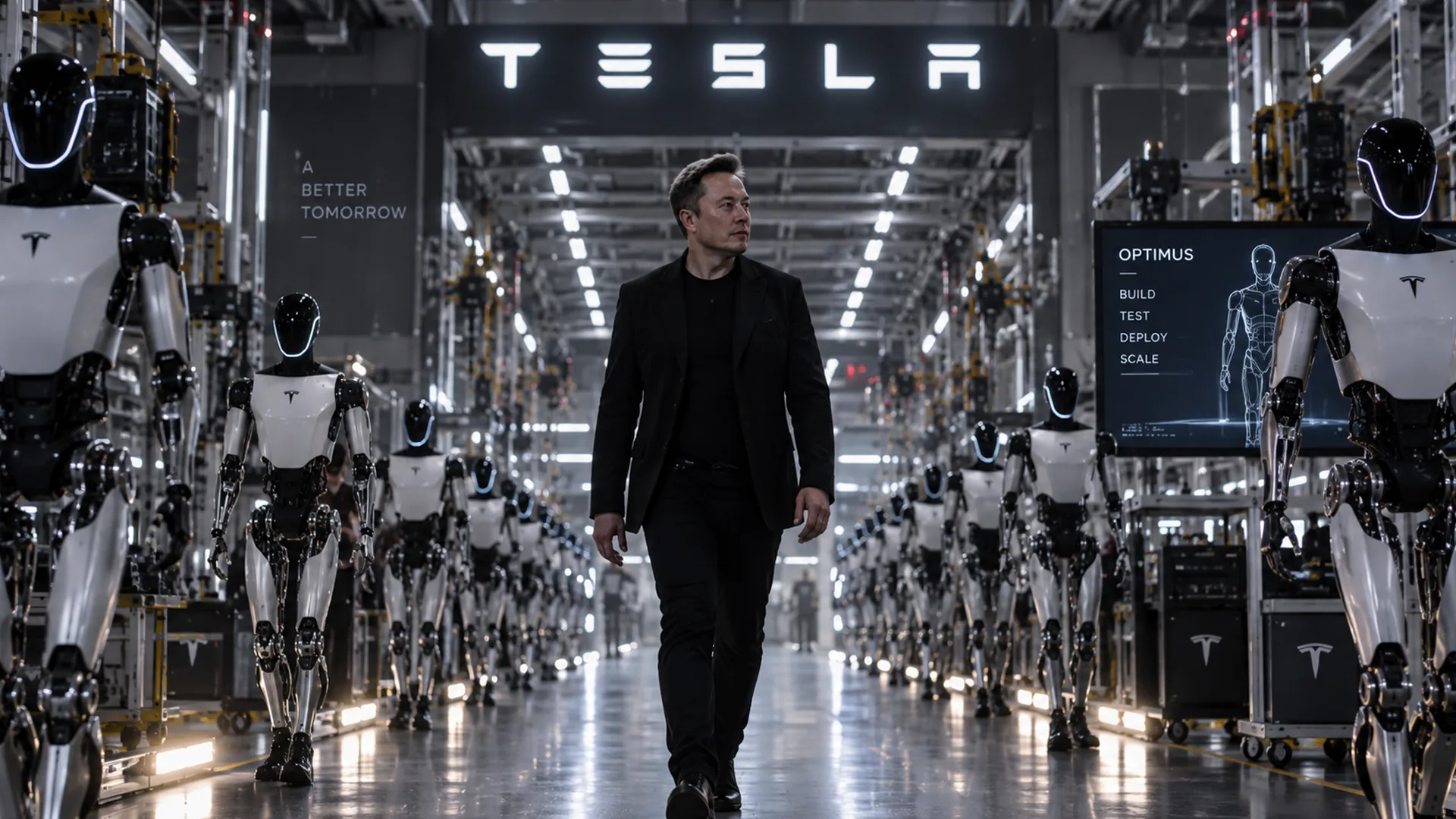 A man in a dark suit walks a factory aisle lined with dozens of humanoid robots beneath a lit TESLA sign and a screen reading OPTIMUS BUILD TEST DEPLOY SCALE.