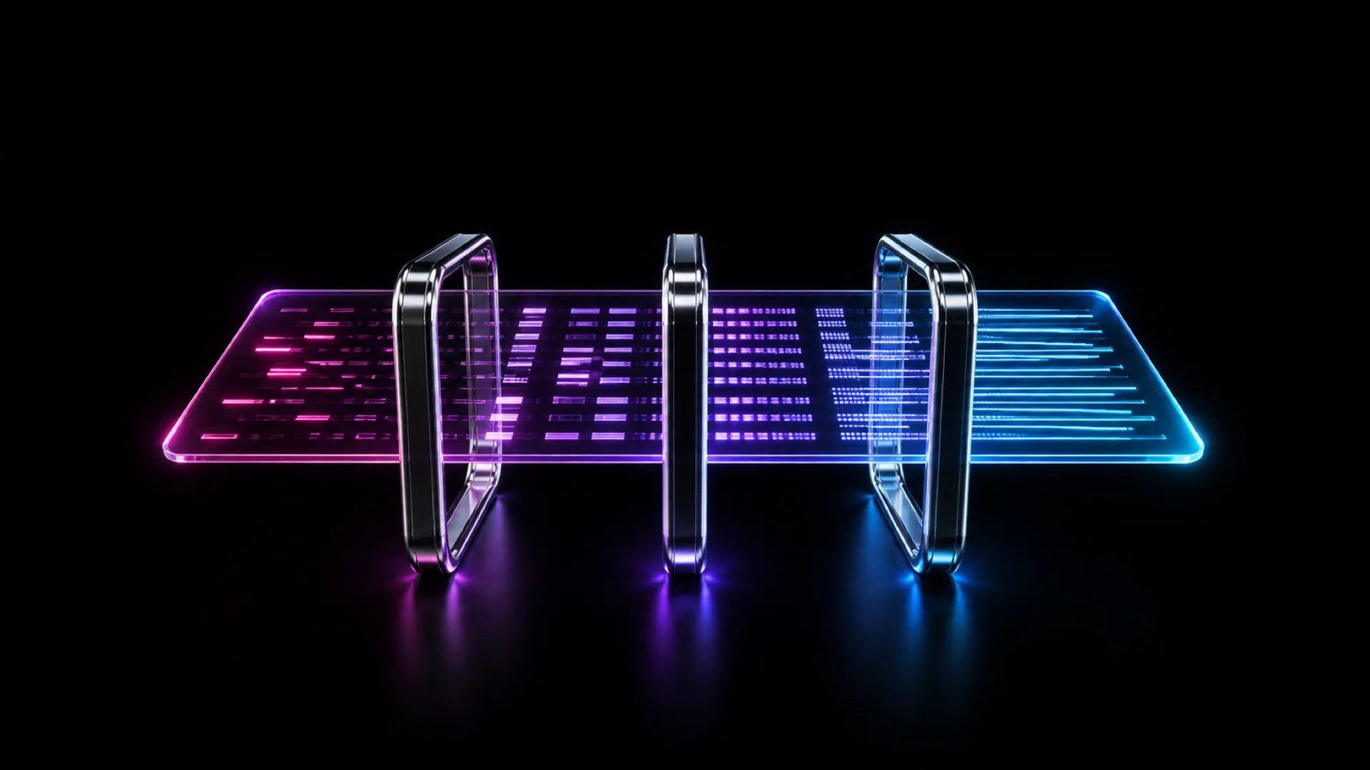 A glass panel displays glowing pink, purple, and blue code lines, pierced by three looped metal frames standing upright.