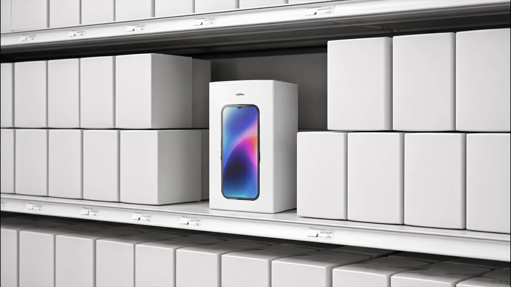 Rows of identical plain white boxes fill warehouse style shelves, with one box at the center opening to show a phone screen glowing in blue, pink and orange gradient.