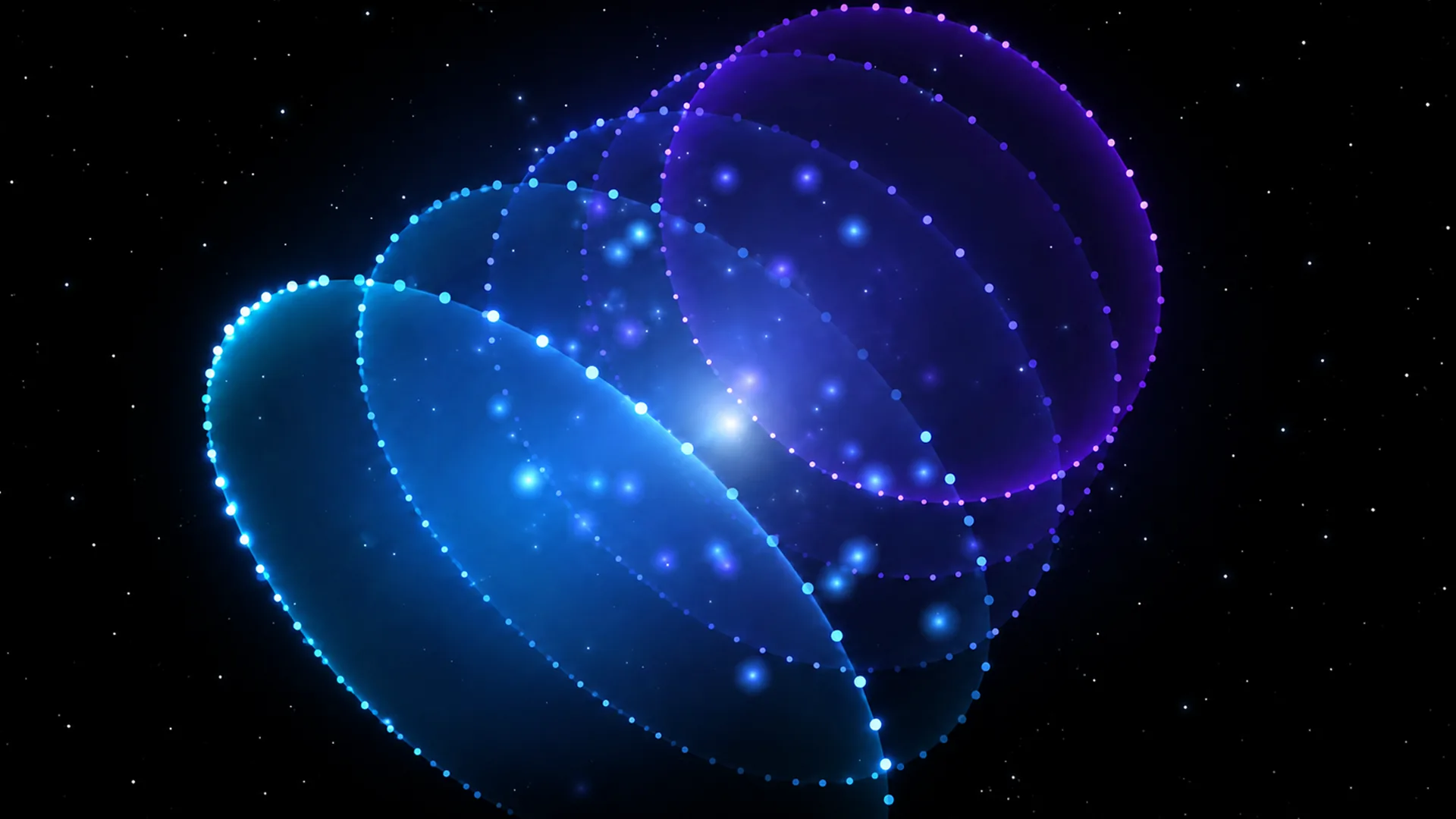 Three overlapping translucent rings in cyan, blue, and purple float against a starry black background, each outlined with small glowing dots and containing scattered light points.