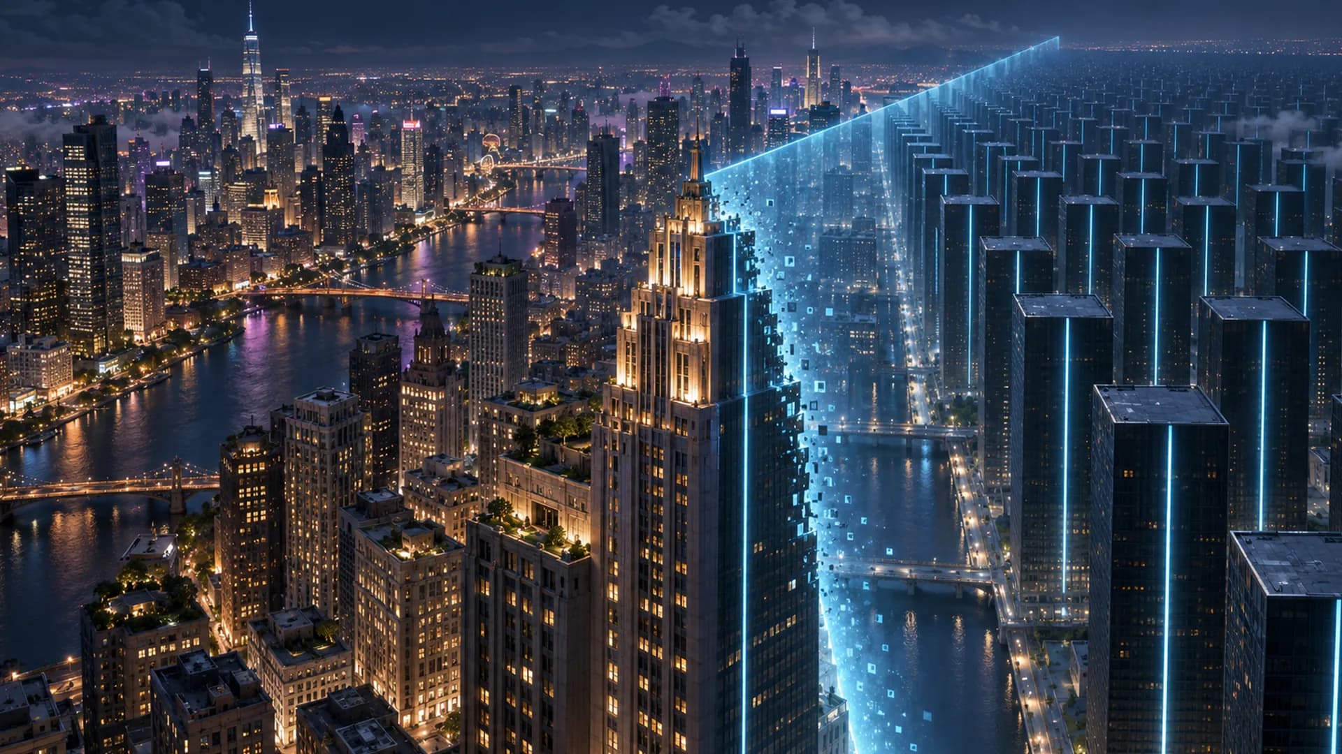 A night skyline splits diagonally along a river, warm lit towers on the left giving way to dark towers striped with blue light.