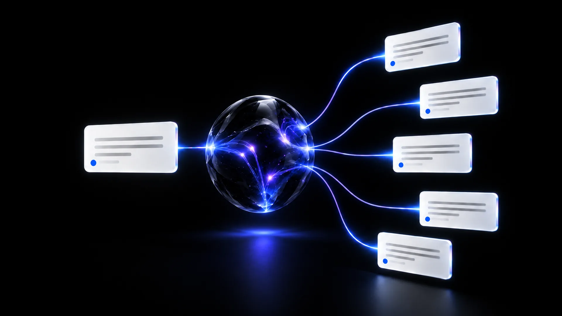Glass sphere lit violet from within, one white card connecting from the left and five fanning out to the right on black.