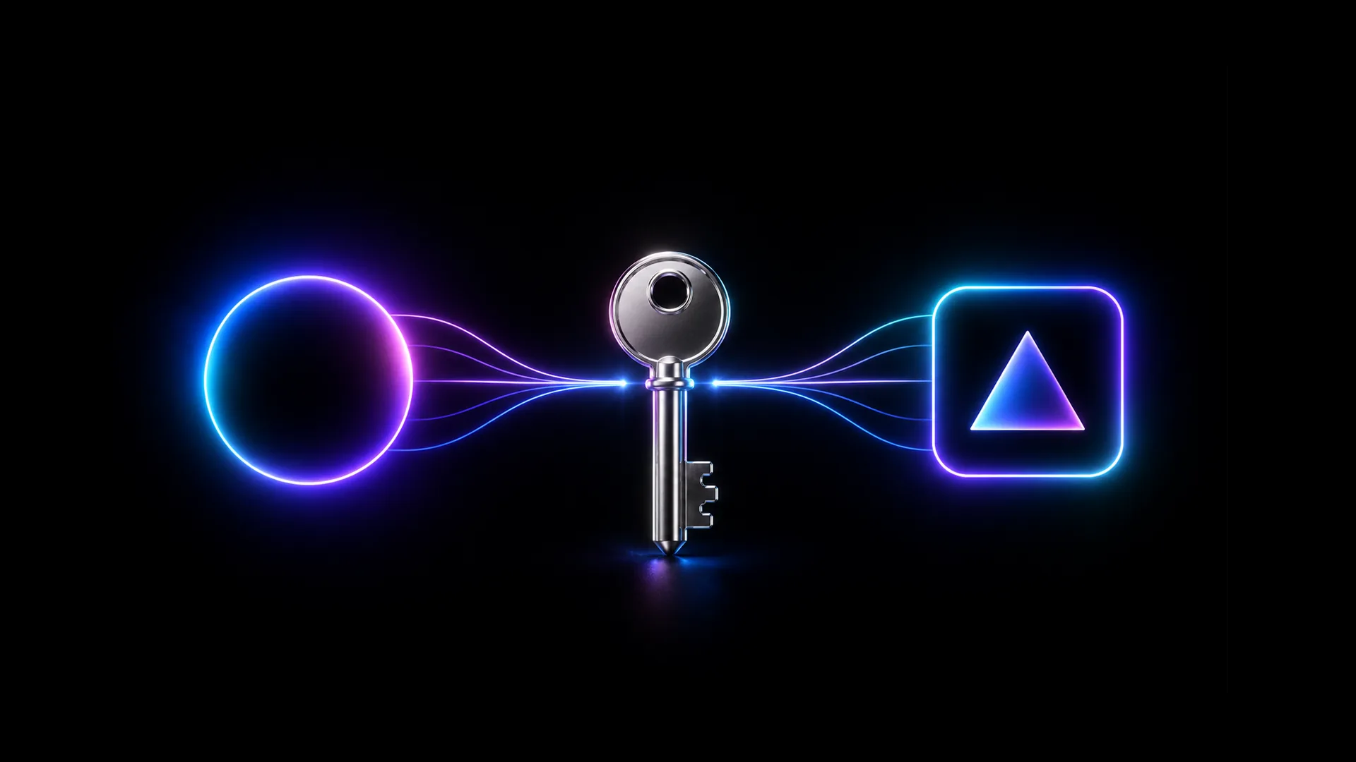 A metallic key connects to a pink circle and a blue square holding a purple triangle by glowing lines.