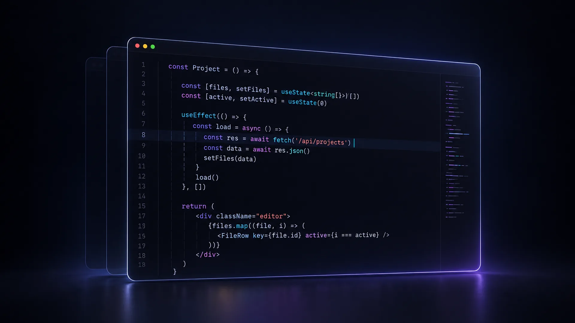 A dark code editor window showing a short React component that fetches from an API and maps files into rows, with two faint windows behind it.