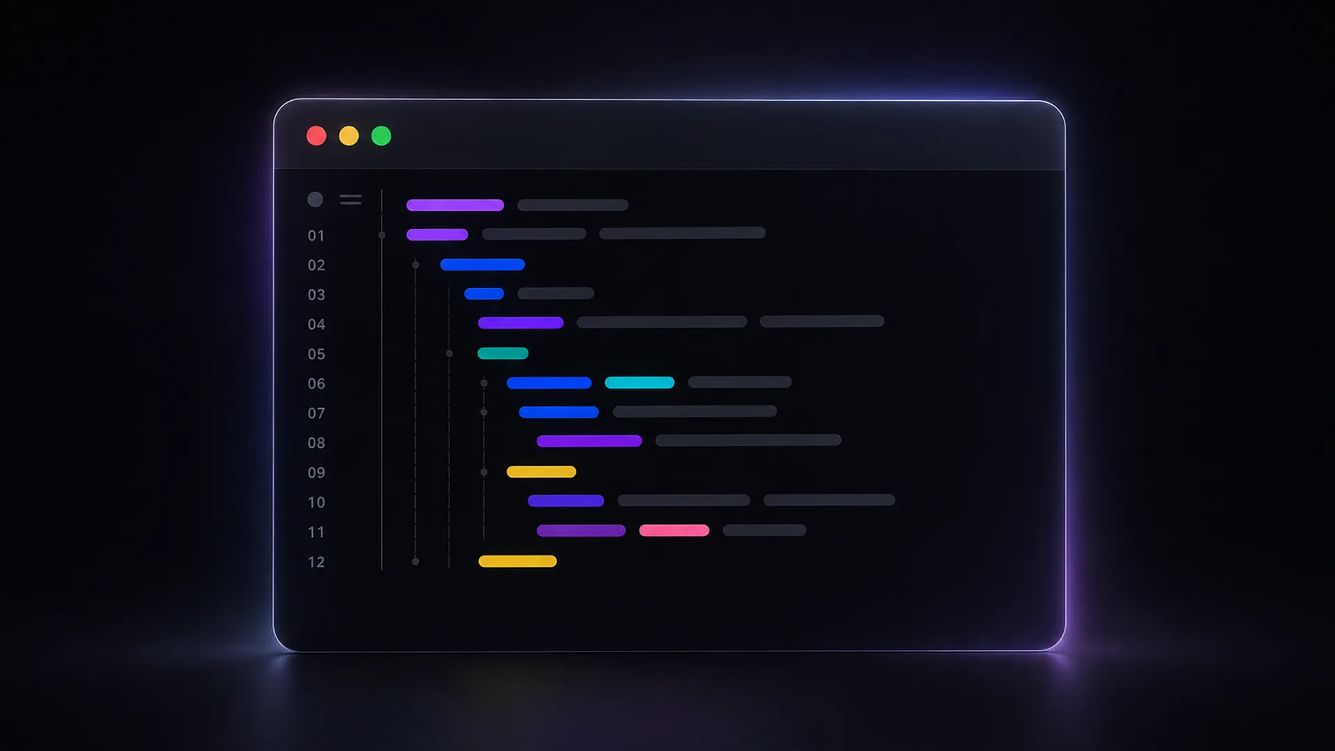 A floating dark code editor window with red, yellow and green traffic light buttons, line numbers 01 to 12, and rows of purple, blue, teal, yellow and pink blurred code bars, rimmed in violet glow.