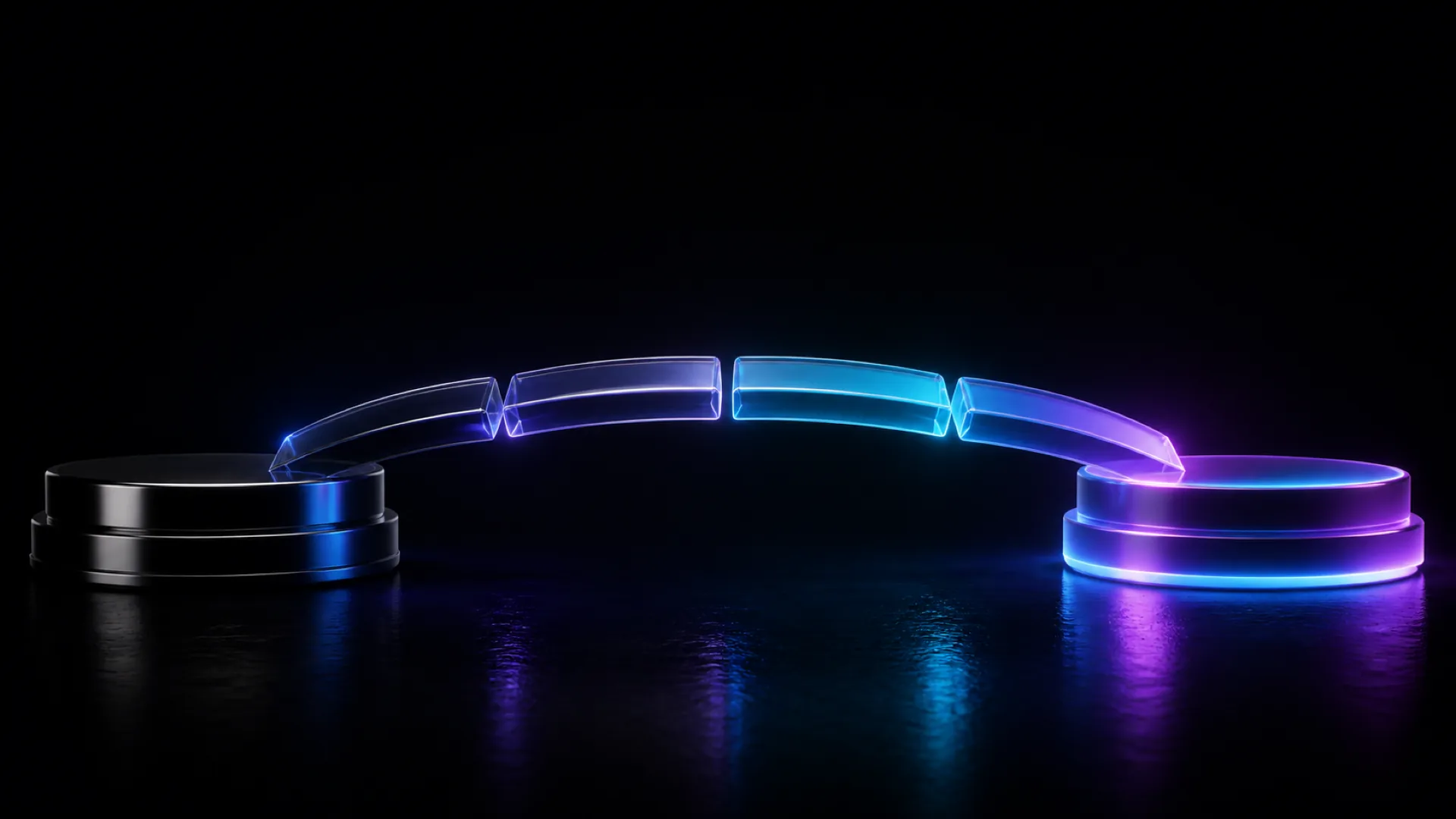 Two dark round platforms with glowing blue and purple rims connect via a curved bridge split into four glass segments.