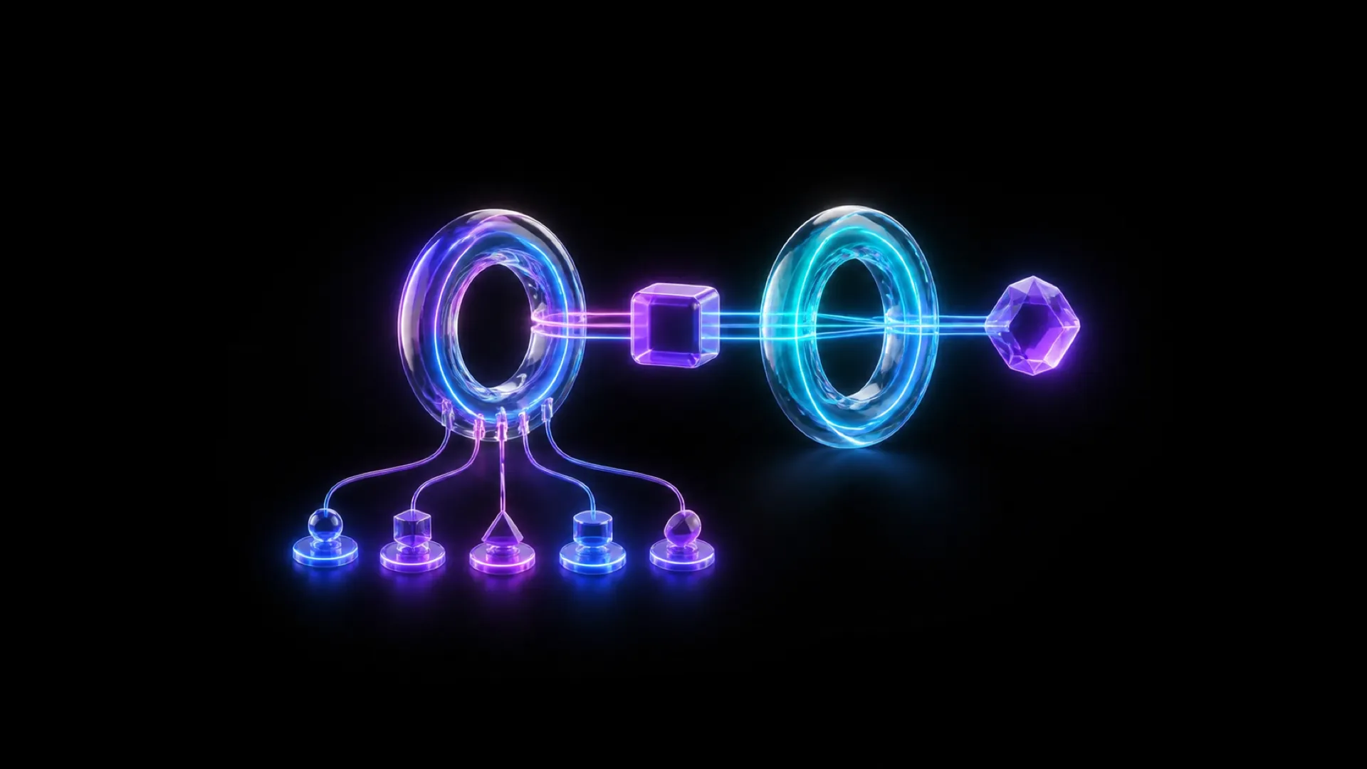 Two glowing rings connected by light, flanked by a cube and hexagon, with five small shapes below the left ring.