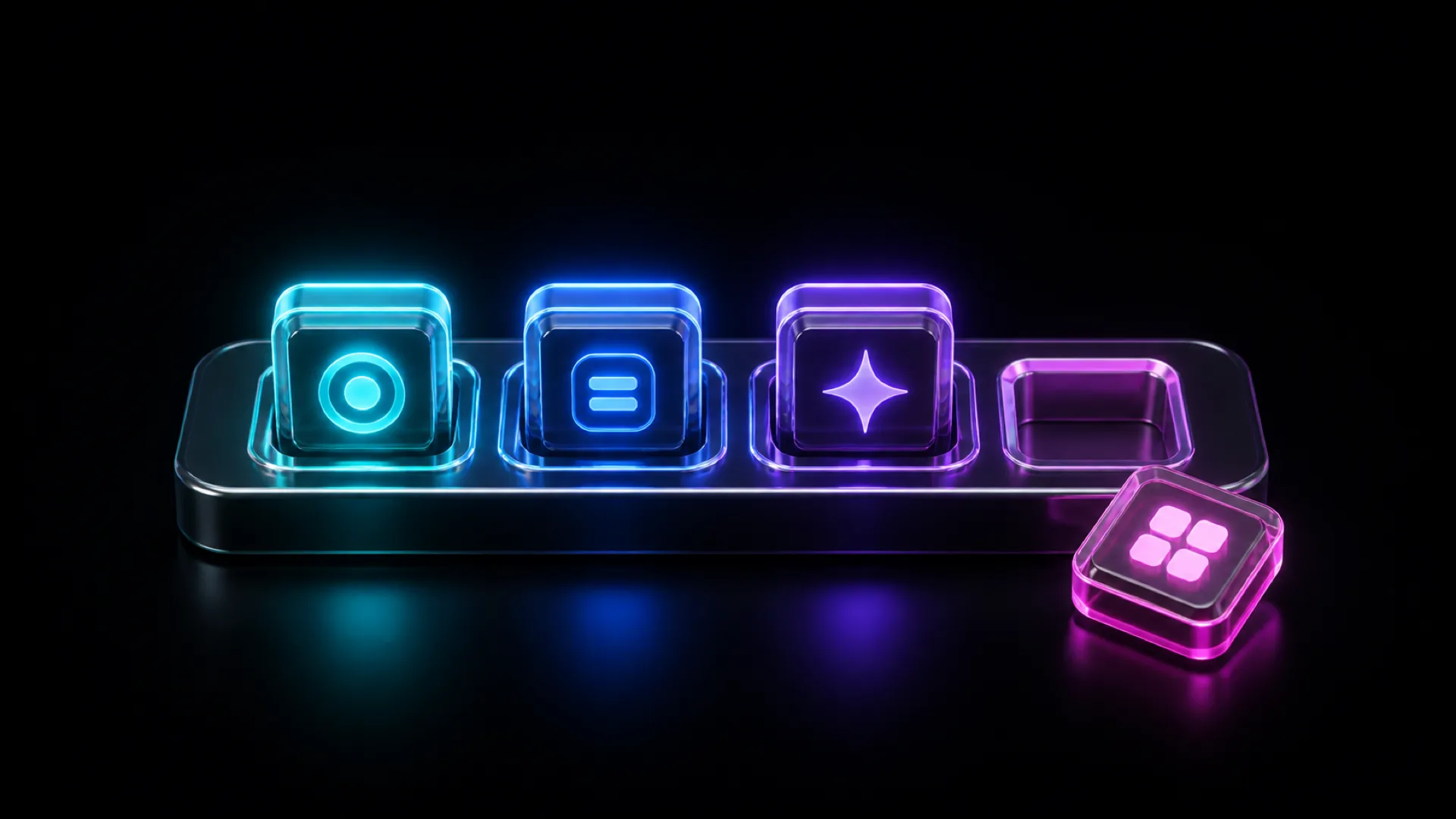 A tray holds glowing cyan, blue, and purple app icons beside an empty slot and a detached pink grid icon.
