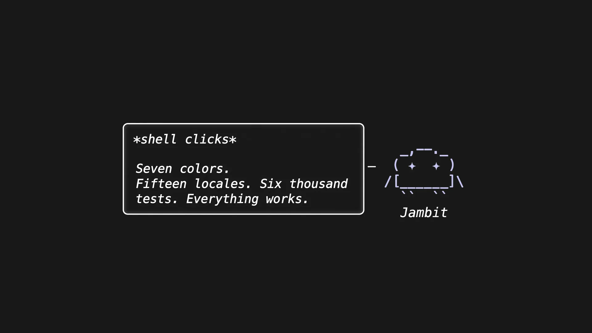 A white outlined speech box on near black holds monospace text reading "*shell clicks*" and "Seven colors. Fifteen locales. Six thousand tests. Everything works.", beside a small lavender ASCII robot labeled "Jambit".