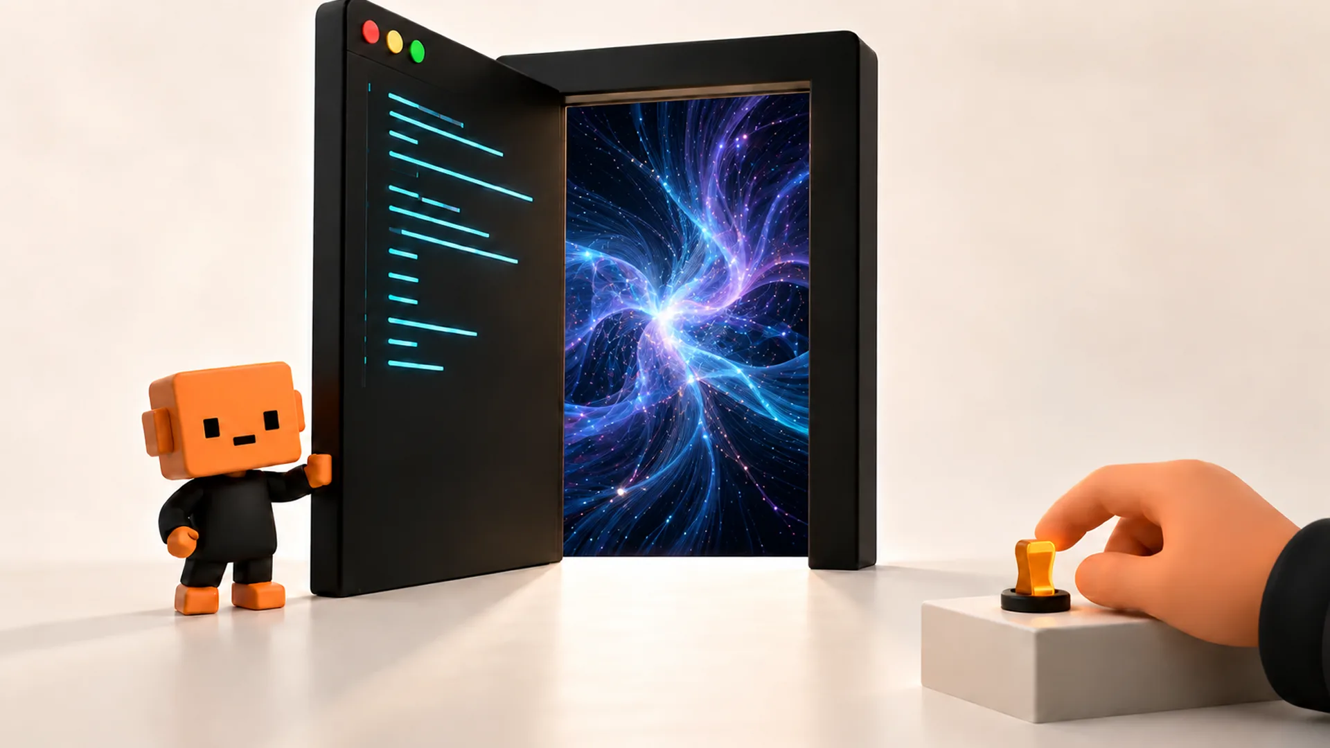 A small orange cube-headed figure beside an open black door revealing swirling blue and purple light, while a large hand rests on an orange control.