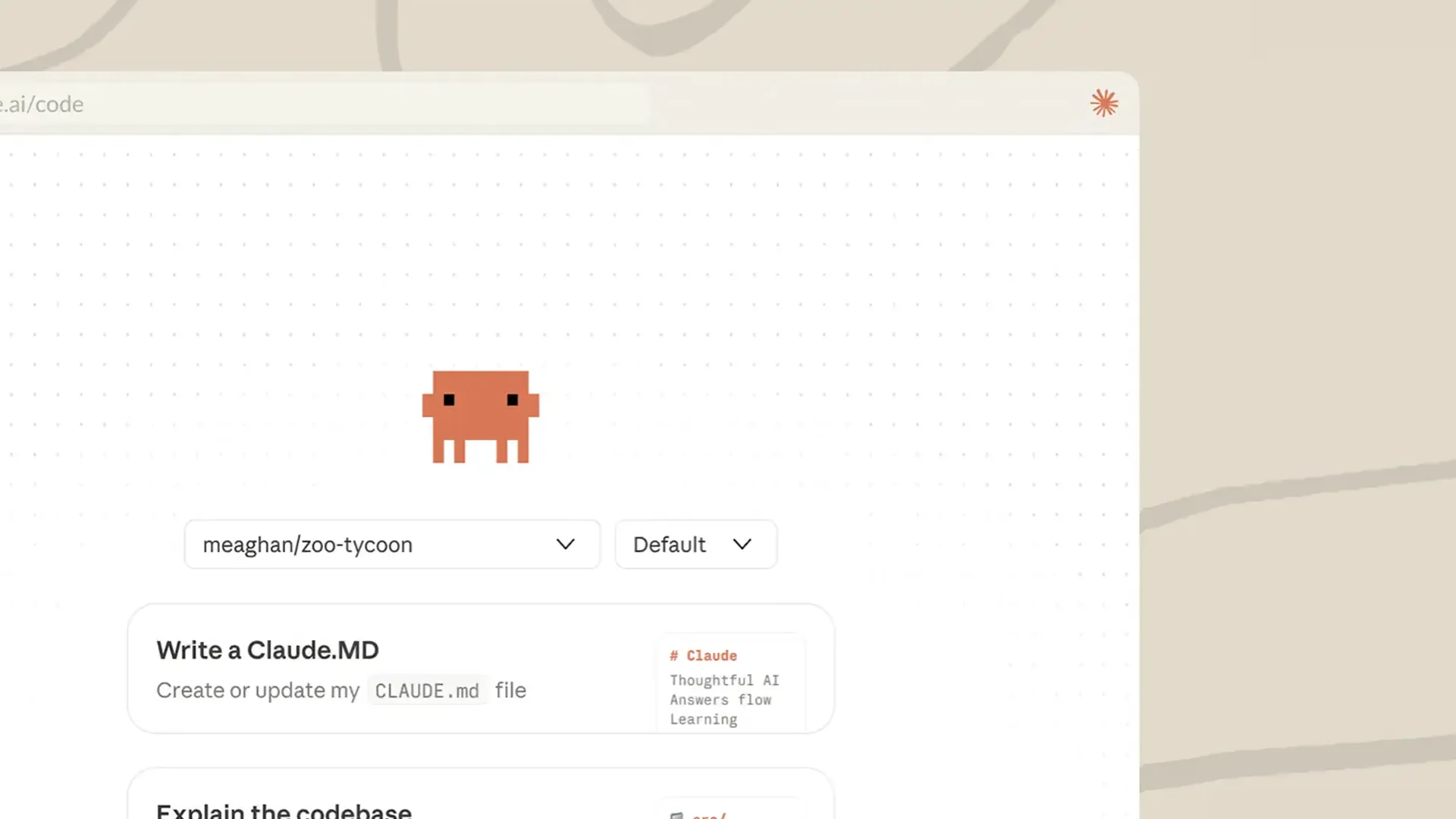 Browser window on a beige page showing a blocky orange creature above dropdown menus reading "meaghan/zoo-tycoon" and "Default", with cards titled "Write a Claude.MD" and "Explain the codebase" below.