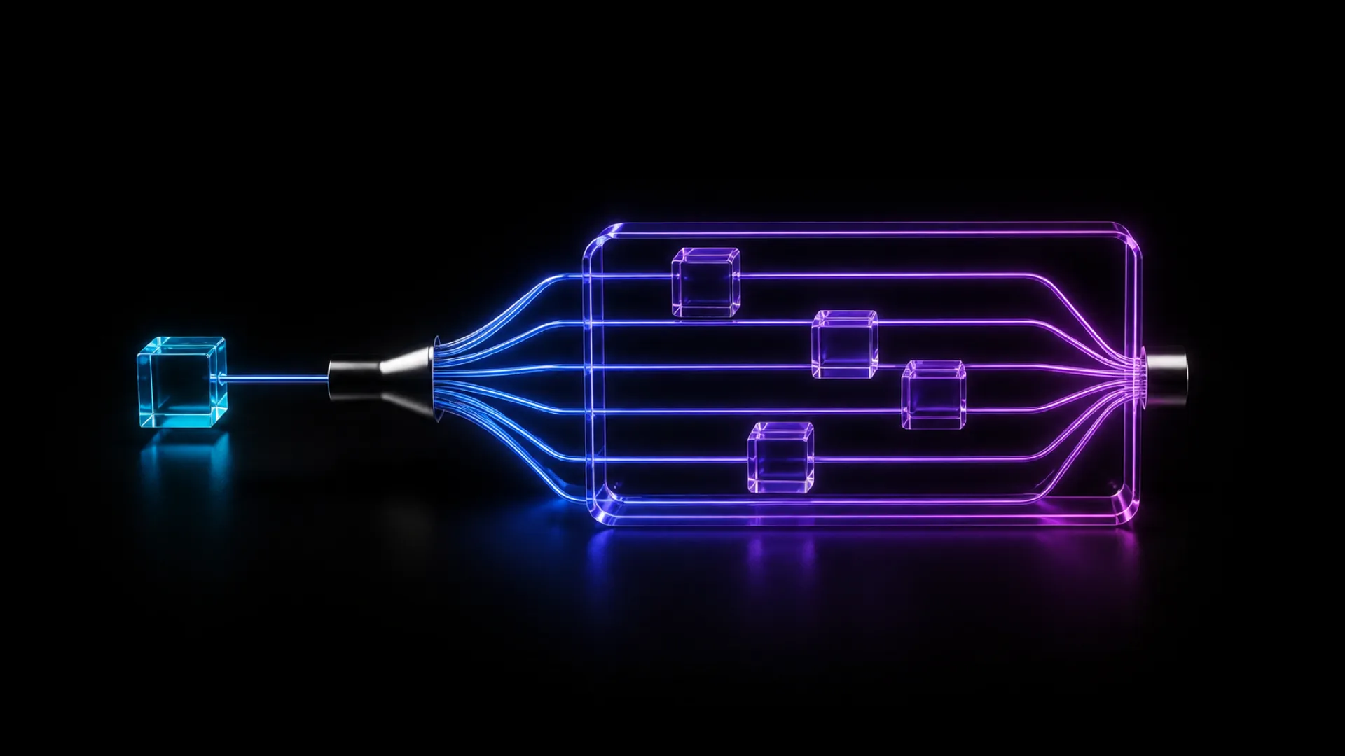 A small cyan cube connects by a beam through a wireframe purple box containing several small cube nodes inside.