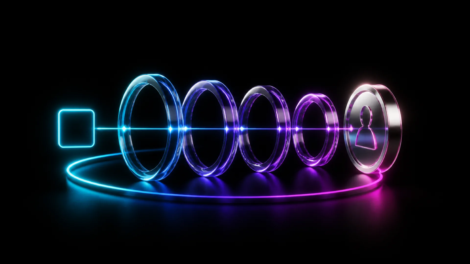 A row of glass rings shifts from blue to magenta, connecting a teal square to a person icon disc.