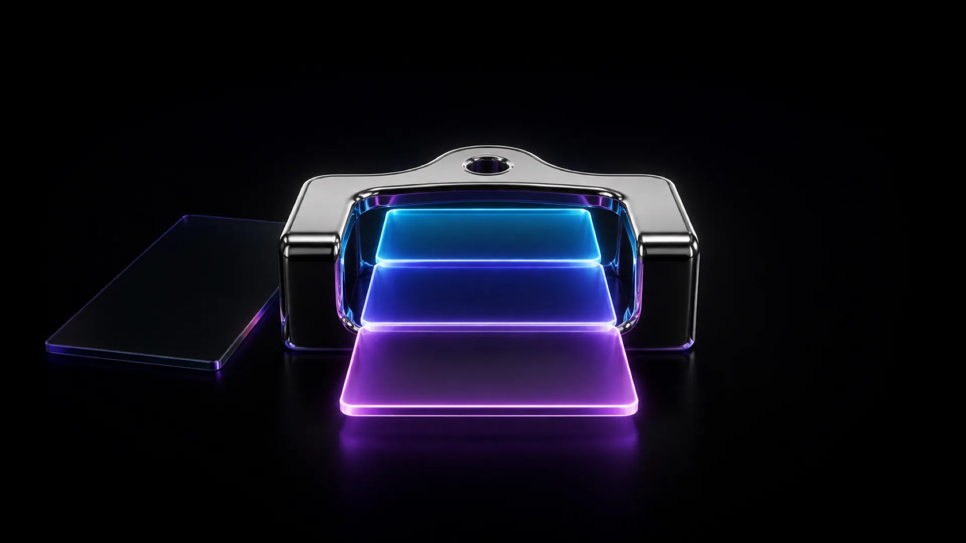 A glossy black camera-like object holds three glowing panels in blue, purple, and pink beside a dark glass sheet.