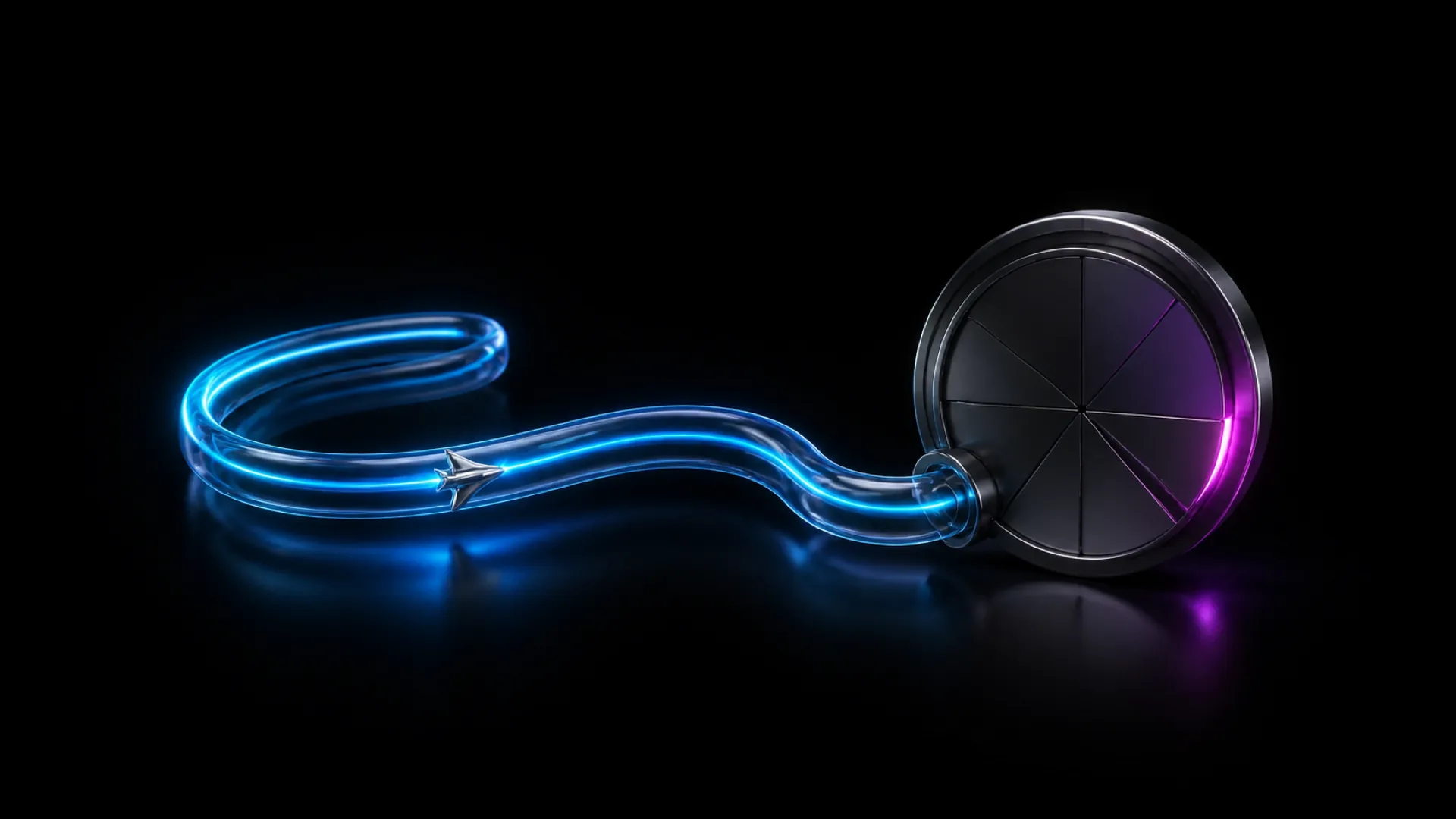 A luminous blue tube loops across black and runs into a dark metal disc segmented like a pie chart, its right rim glowing magenta. A small silver arrow rides the tube.